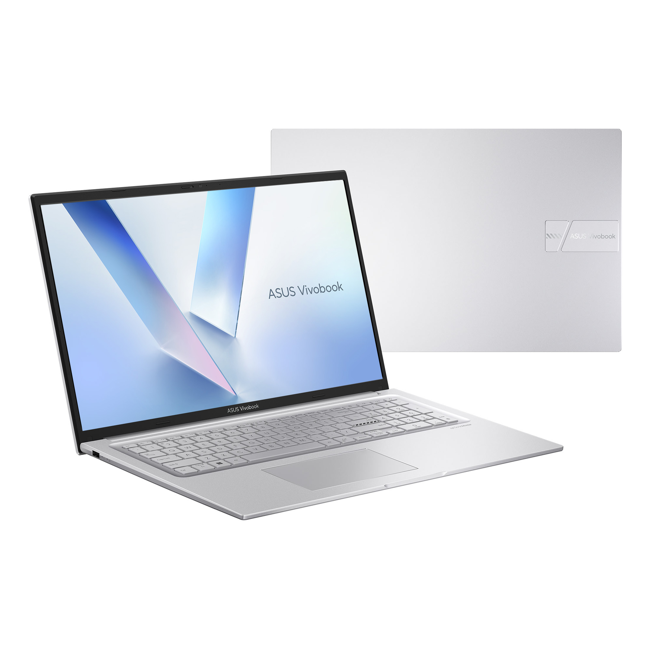 Ein silbernes ASUS Vivobook-Laptop wird in zwei Ansichten gezeigt. Der Bildschirm ist geöffnet und zeigt ein blaues und weißes Design.