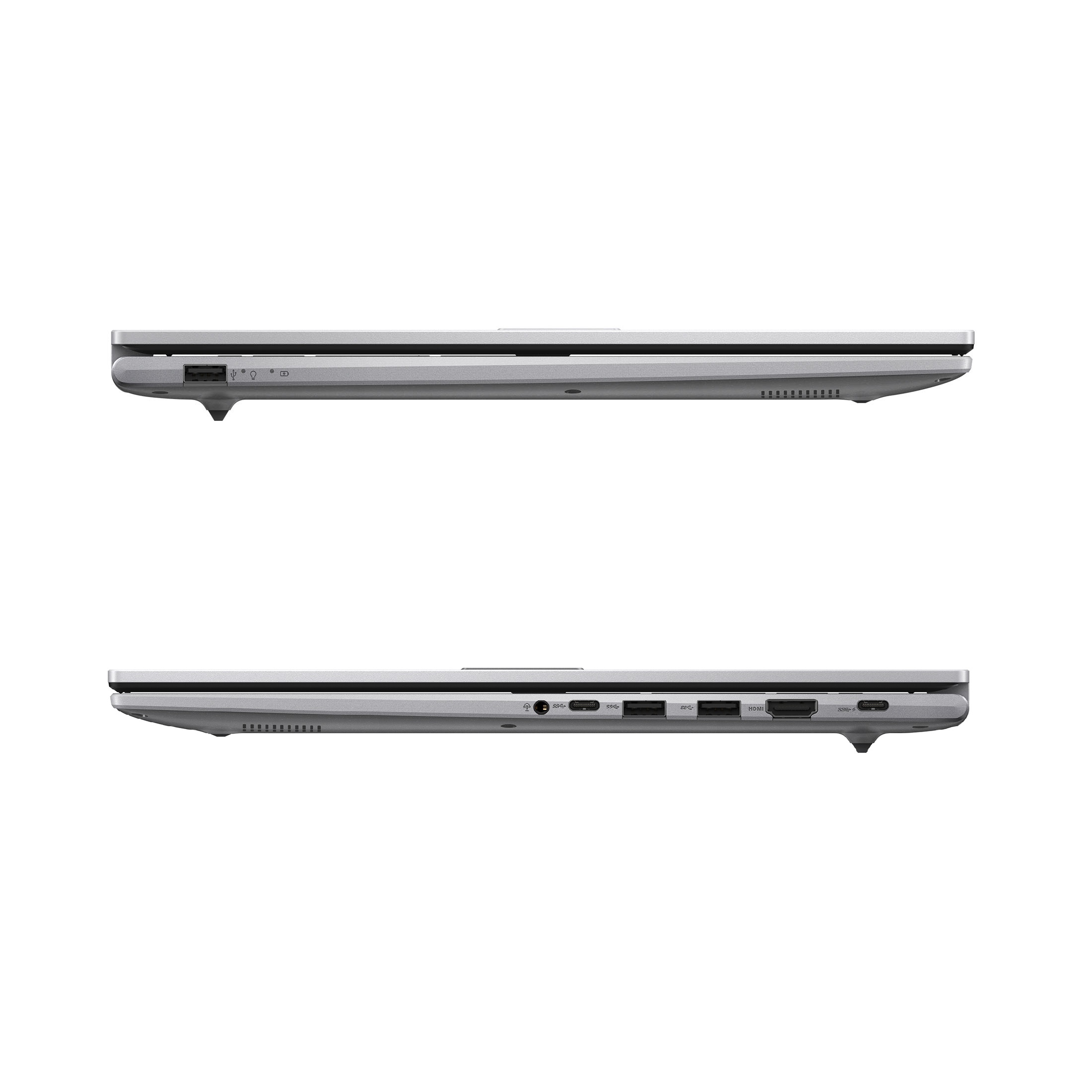 Zwei silberne Laptops, Seitenansicht, isoliert auf weißem Hintergrund. Anschlüsse und Lüfter sind sichtbar. Oben: Strom, USB. Unten: Audio, HDMI, USB.