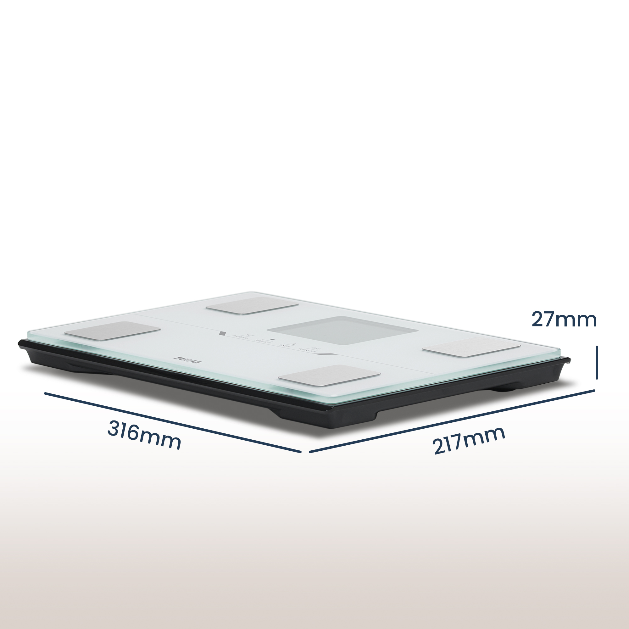 Een digitale weegschaal met afmetingen. Het heeft een wit glazen blad met grijze pads en een zwarte basis. Afmetingen: 316x217x27mm.