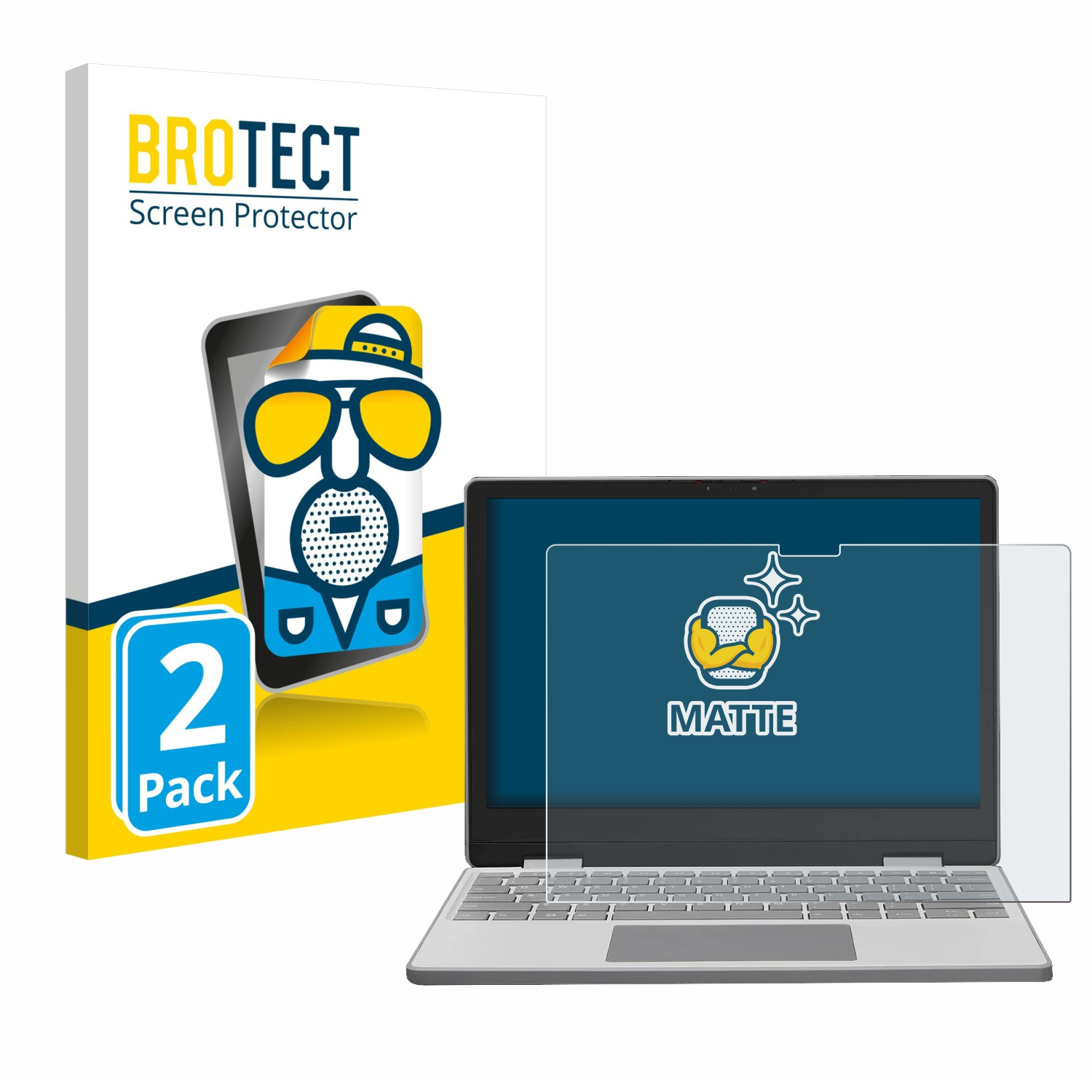 Laptop mit Displayschutzfolie und einer Schachtel mit einem Cartoon-Bild. Auf dem Bildschirm steht 'Matt'. Auf der Schachtel steht 'Brotect Displayschutz'.