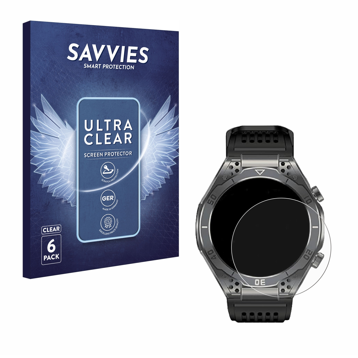 Eine Smartwatch und eine Displayschutzfolienbox. Auf der Box steht 'SAVVIES' und 'ULTRA CLEAR'. Die Uhr ist schwarz und grau.