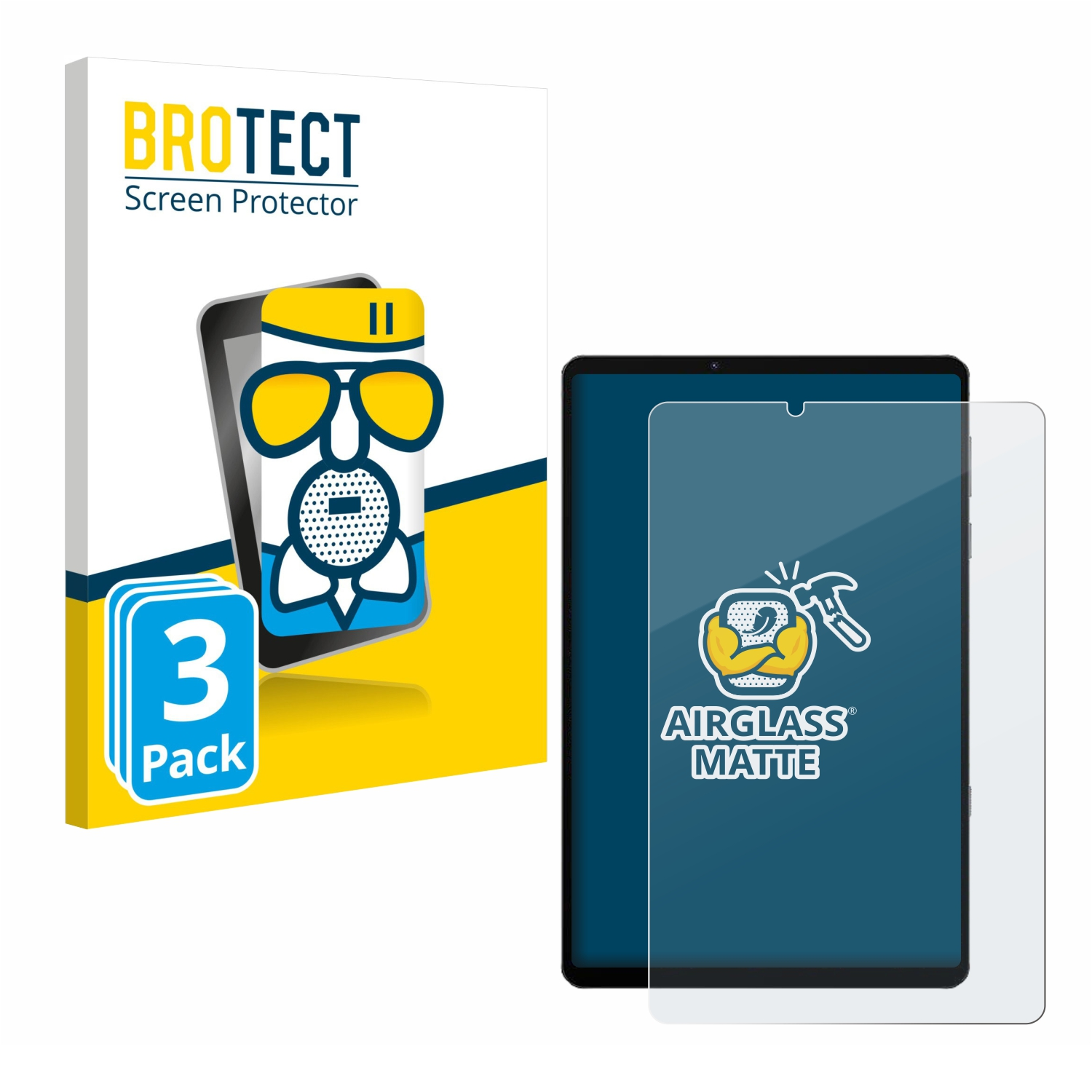 Ein Tablet mit Displayschutzfolie und eine Schachtel mit der Aufschrift "BROTECT Displayschutzfolie" und "3er-Pack".