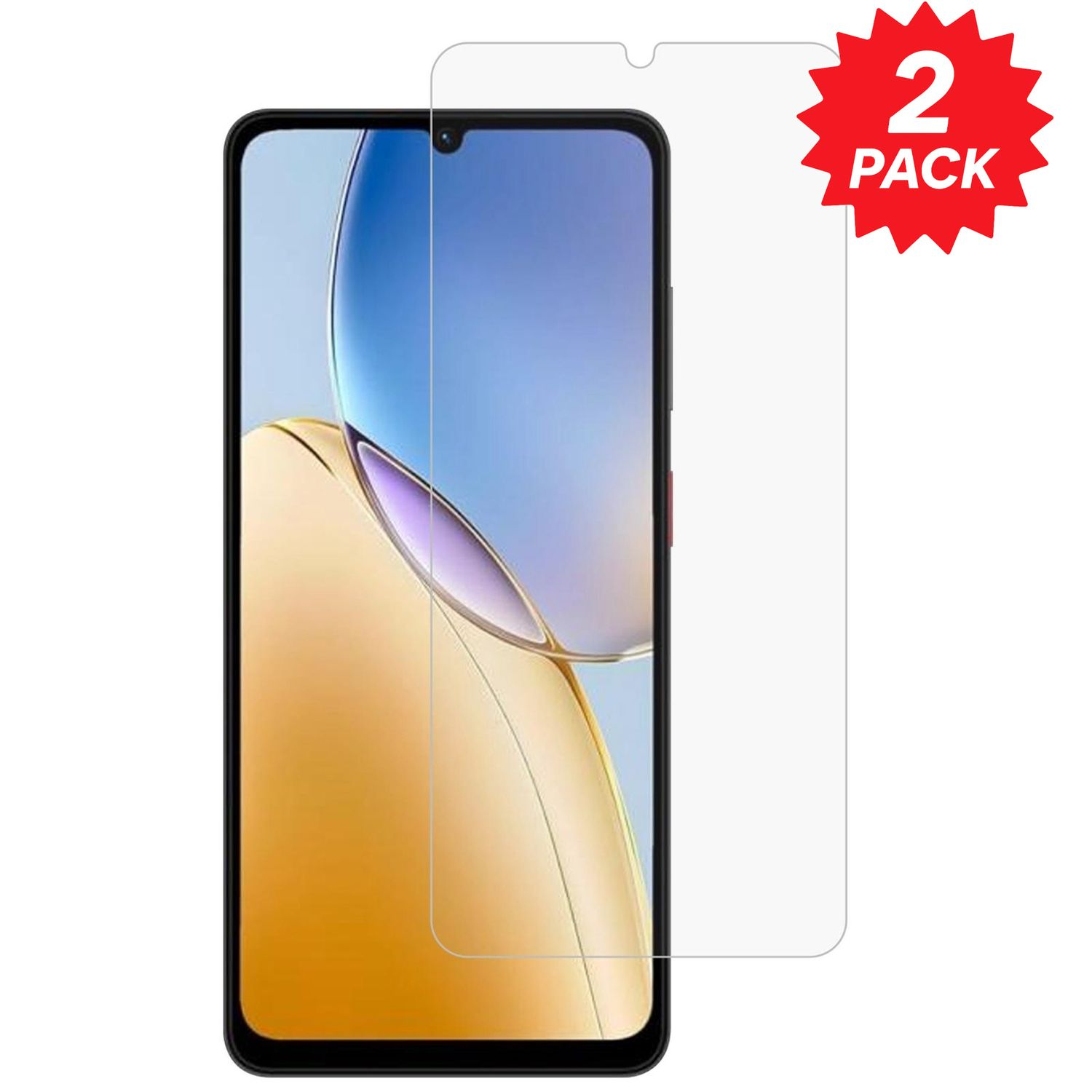 Uno smartphone con una protezione per lo schermo e un adesivo rosso '2 pezzi'.