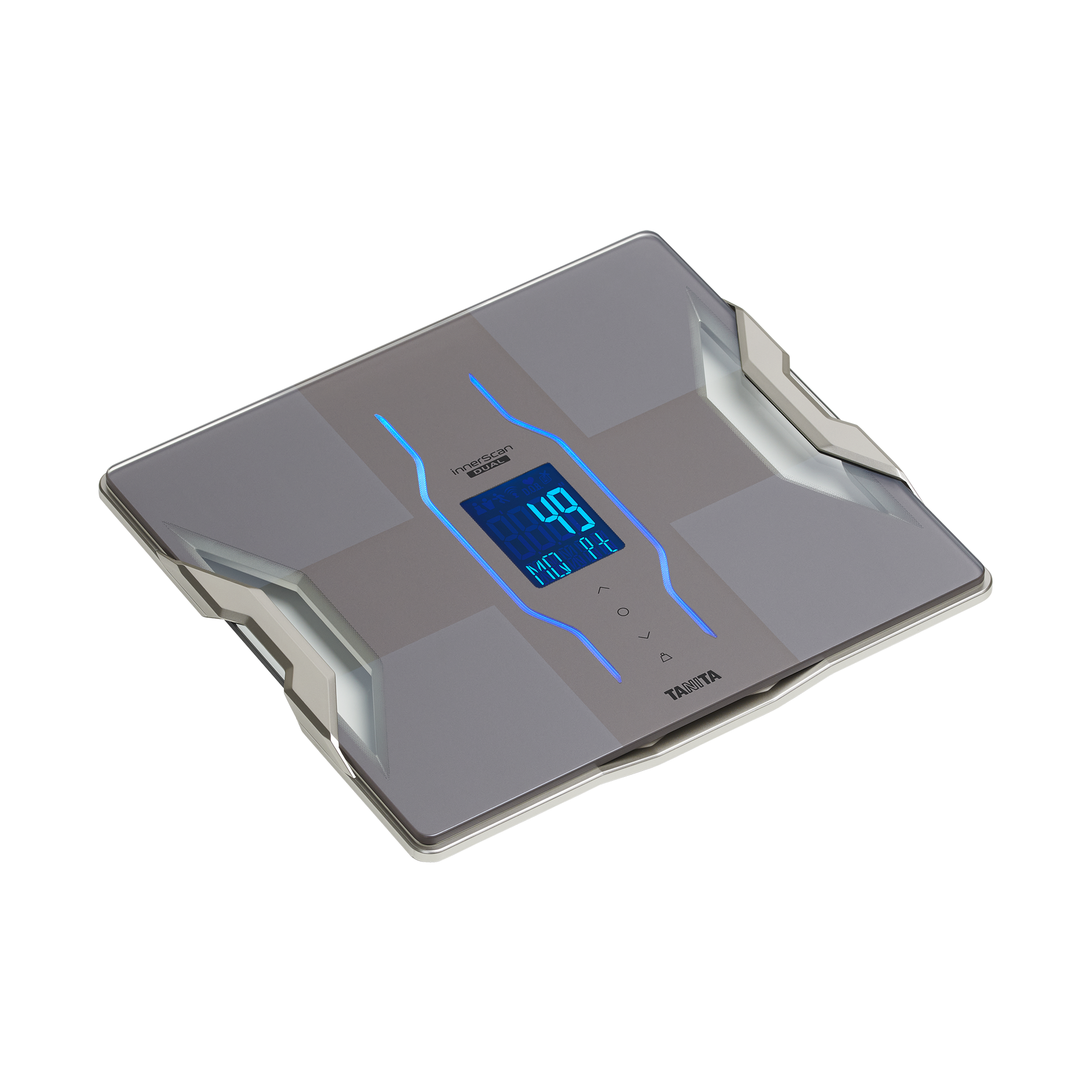 Een grijze Tanita Innerscan lichaamssamenstellingsweegschaal. Toont een blauw verlicht display met cijfers. De weegschaal staat op een grijs oppervlak.