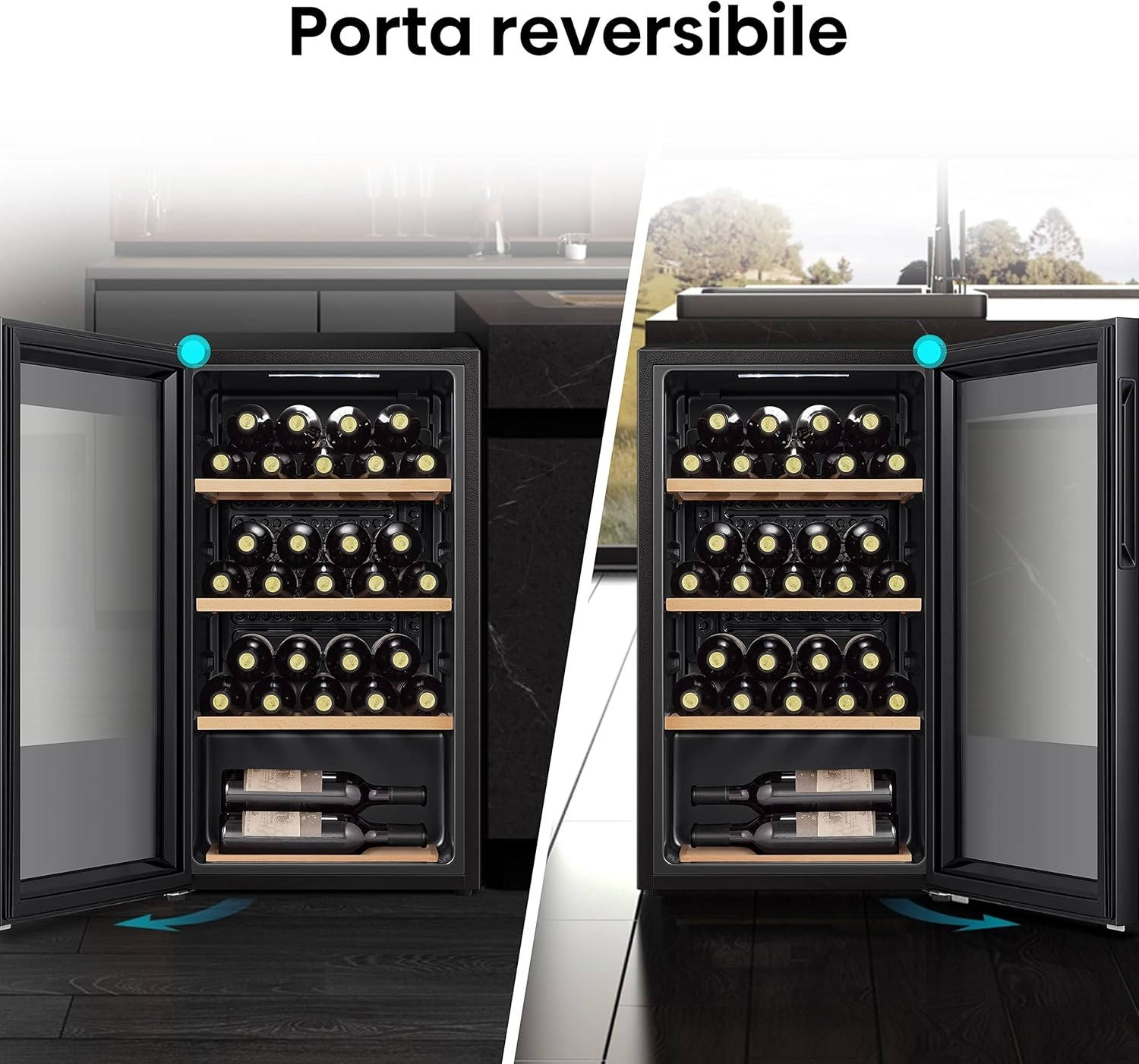 Due cantinette con ante aperte. All'interno, bottiglie di vino su scaffali. Lo sfondo mostra una cucina con finestra.