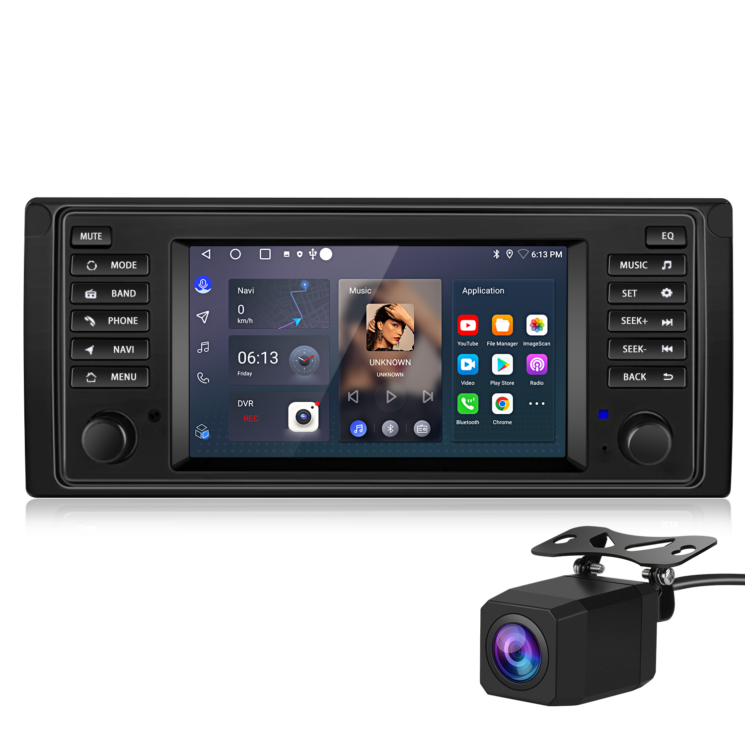 Ein Autoradio mit Bildschirm zeigt Navigationskarte, Musik und Apps. Darunter ist eine Rückfahrkamera.