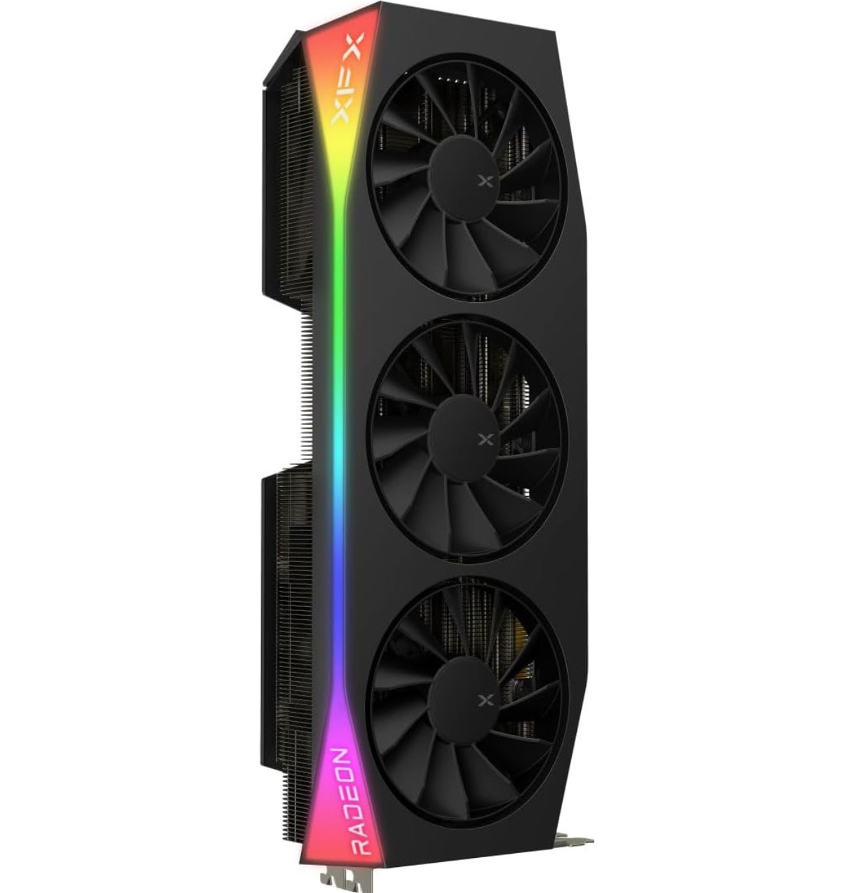 Czarna karta graficzna Radeon z trzema wentylatorami. Pionowo biegnie tęczowy pasek świetlny. Widoczne są logo XFX i Radeon.