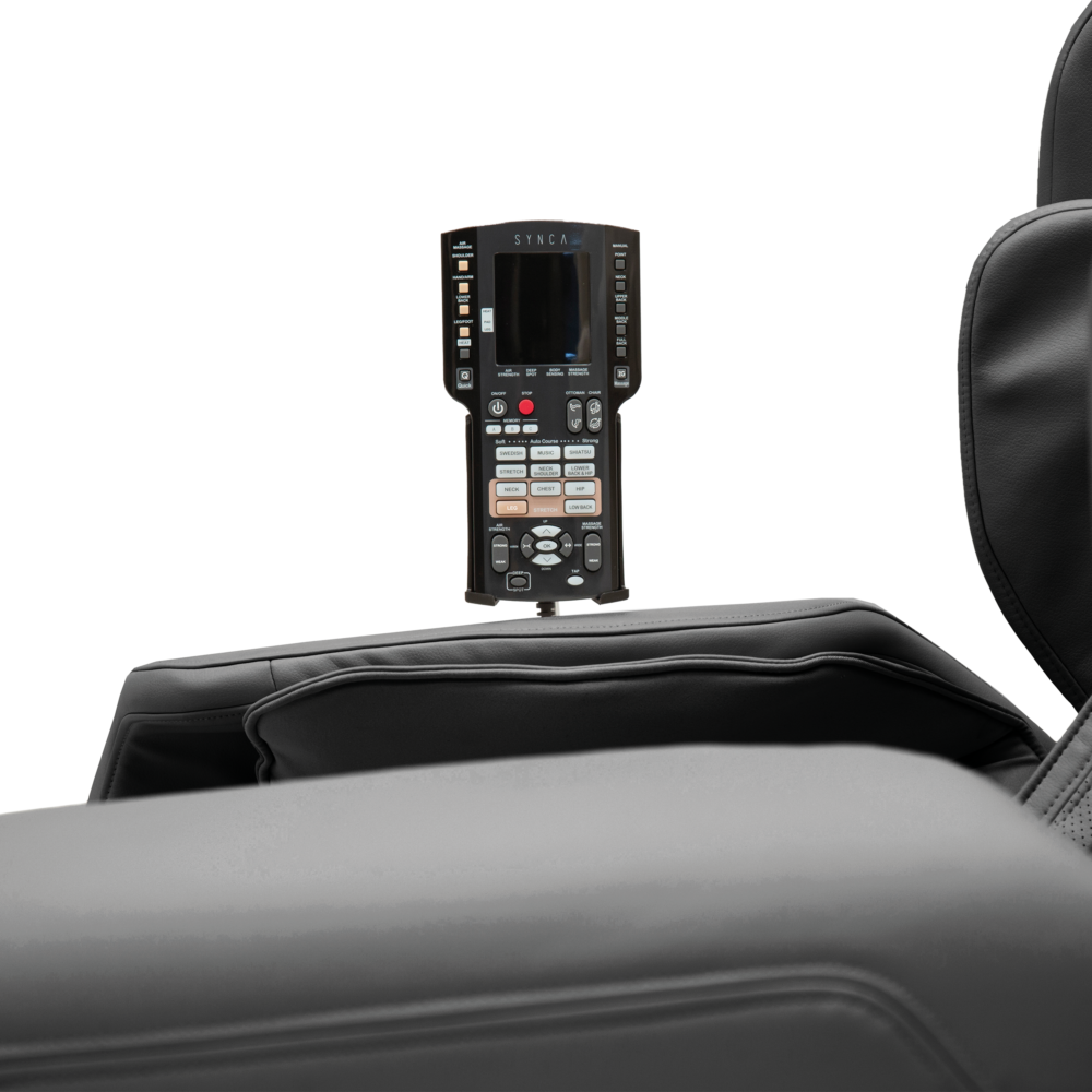 A black massage chair with a control panel. The control panel is centered, showing buttons and a screen, over the chair.