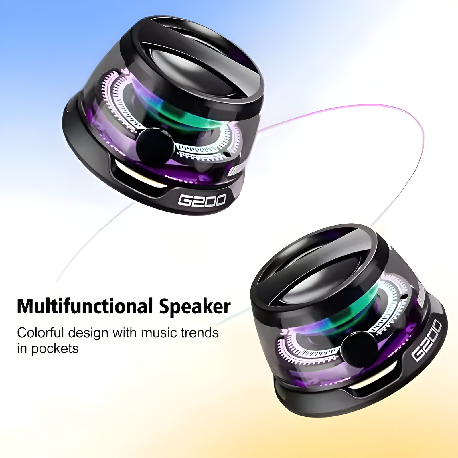 Dos altavoces negros con luces coloridas. Texto: Altavoz multifuncional. Diseño colorido con tendencias musicales en bolsillos.