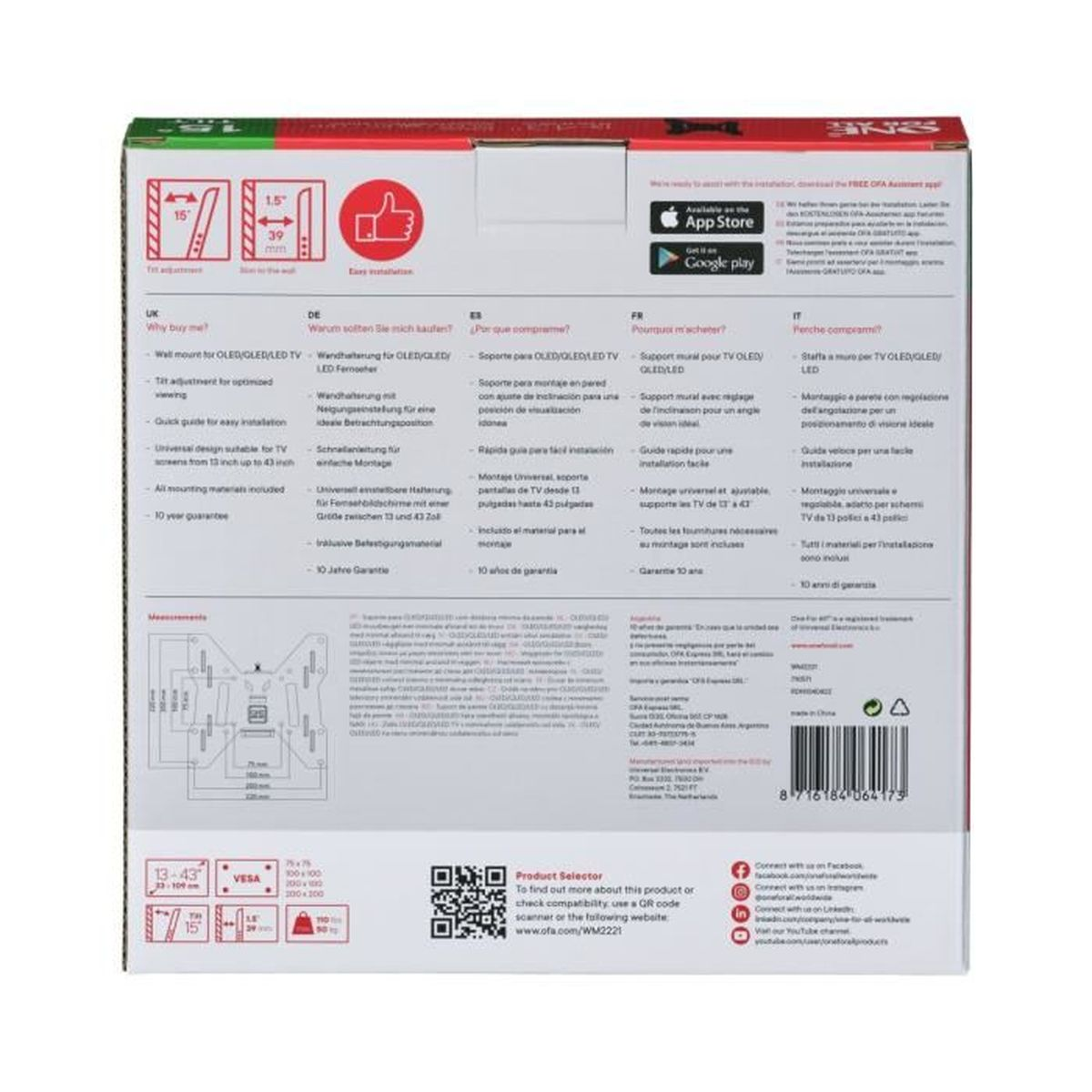 Doos met productinfo voor tv-muurbeugel. Bevat tekst in meerdere talen, diagrammen, QR-code en app-download details.
