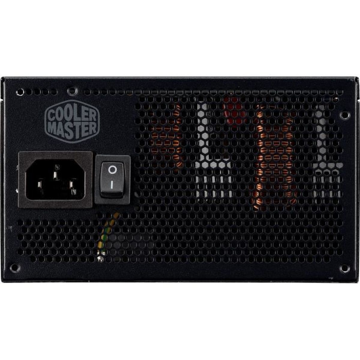 Black power supply unit back panel. Cooler Master logo. Power socket, on/off switch, and ventilation grid visible.