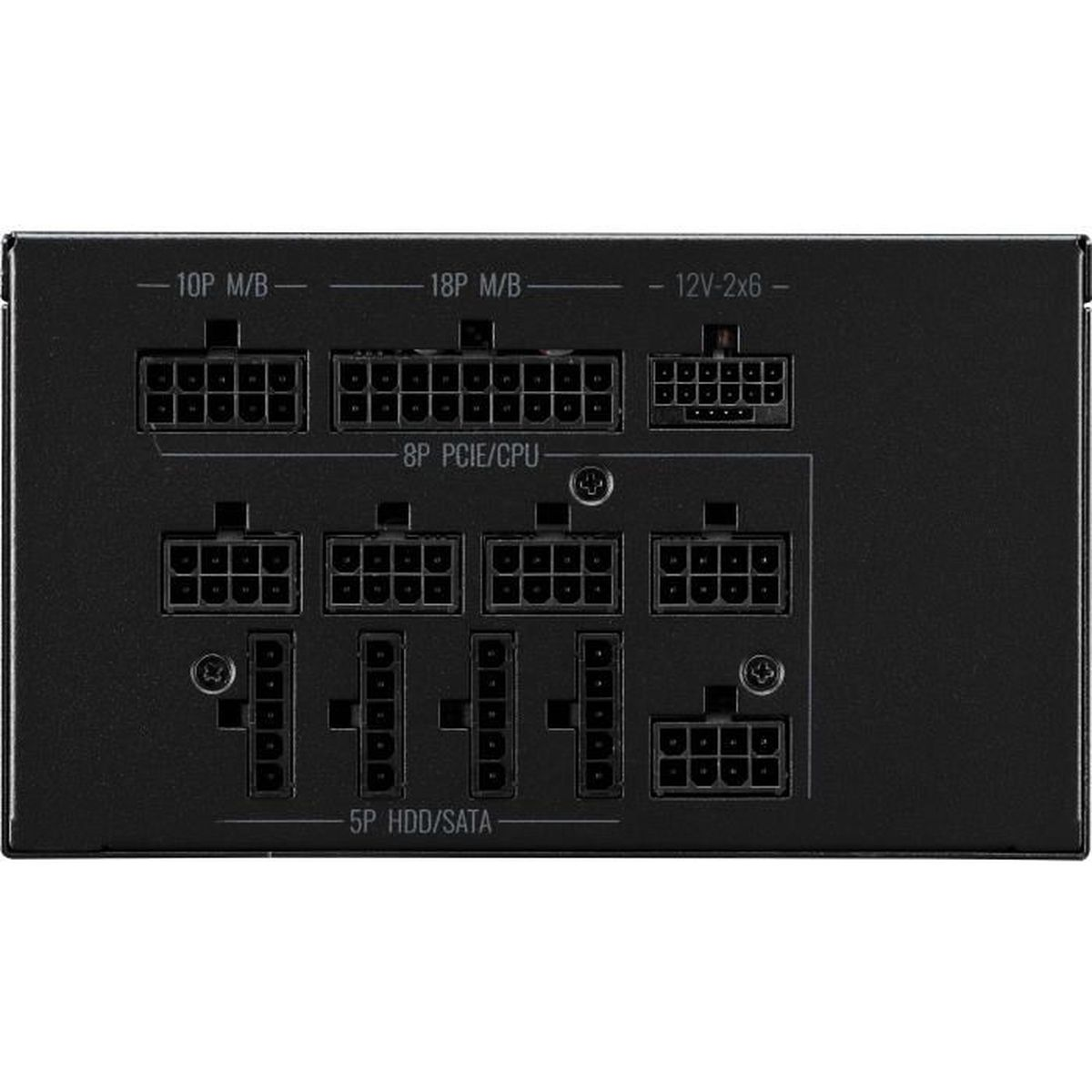 A black power supply unit with multiple connectors labeled 10P M/B, 18P M/B, 12V-2x6, 8P PCIE/CPU, and 5P HDD/SATA.