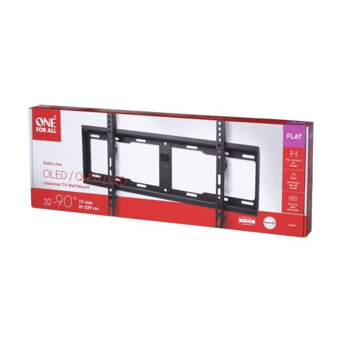 Una caja de soporte de pared para TV. Muestra un soporte negro en una caja roja y blanca. Admite televisores de 32-90 pulgadas.