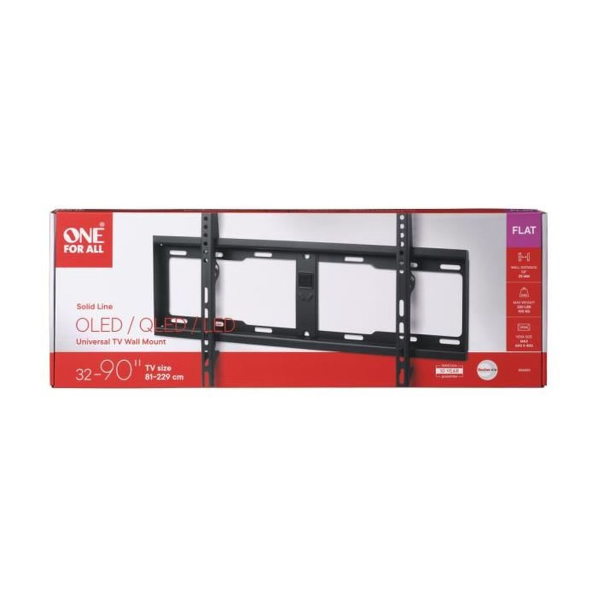 Un soporte de pared para TV negro está en una caja. La caja tiene el logo ONE FOR ALL y dice 'OLED/QLED' y tamaño '32-90"'.