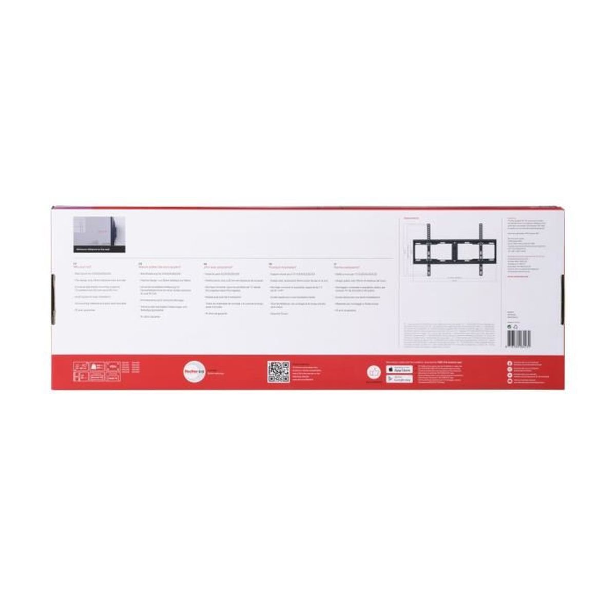 Una caja rectangular, predominantemente blanca, con texto y diagramas. Una franja roja recorre la parte inferior. Para un soporte de pared de TV.