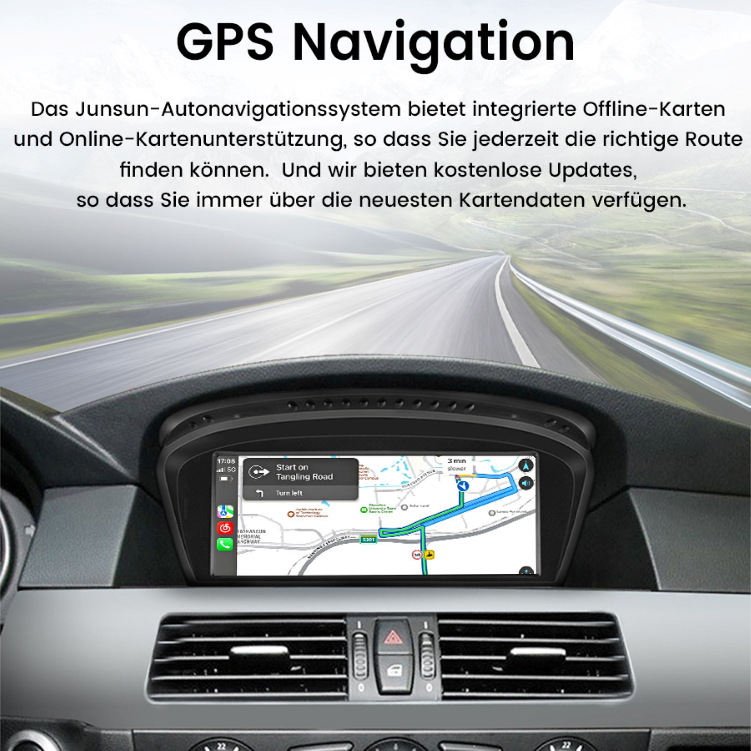 Auto-Armaturenbrett mit GPS-Navigation, das eine Karte anzeigt. Der Bildschirm zeigt eine Route mit Wegbeschreibungen.
