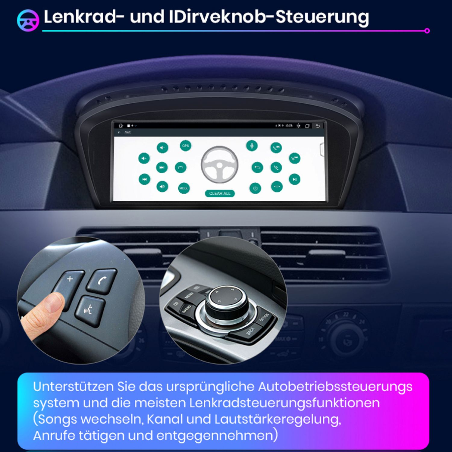 Armaturenbrett mit Bildschirm. Lenkrad, Tasten, Nahaufnahmen von Bedienelementen und Knöpfen. Text auf Deutsch.