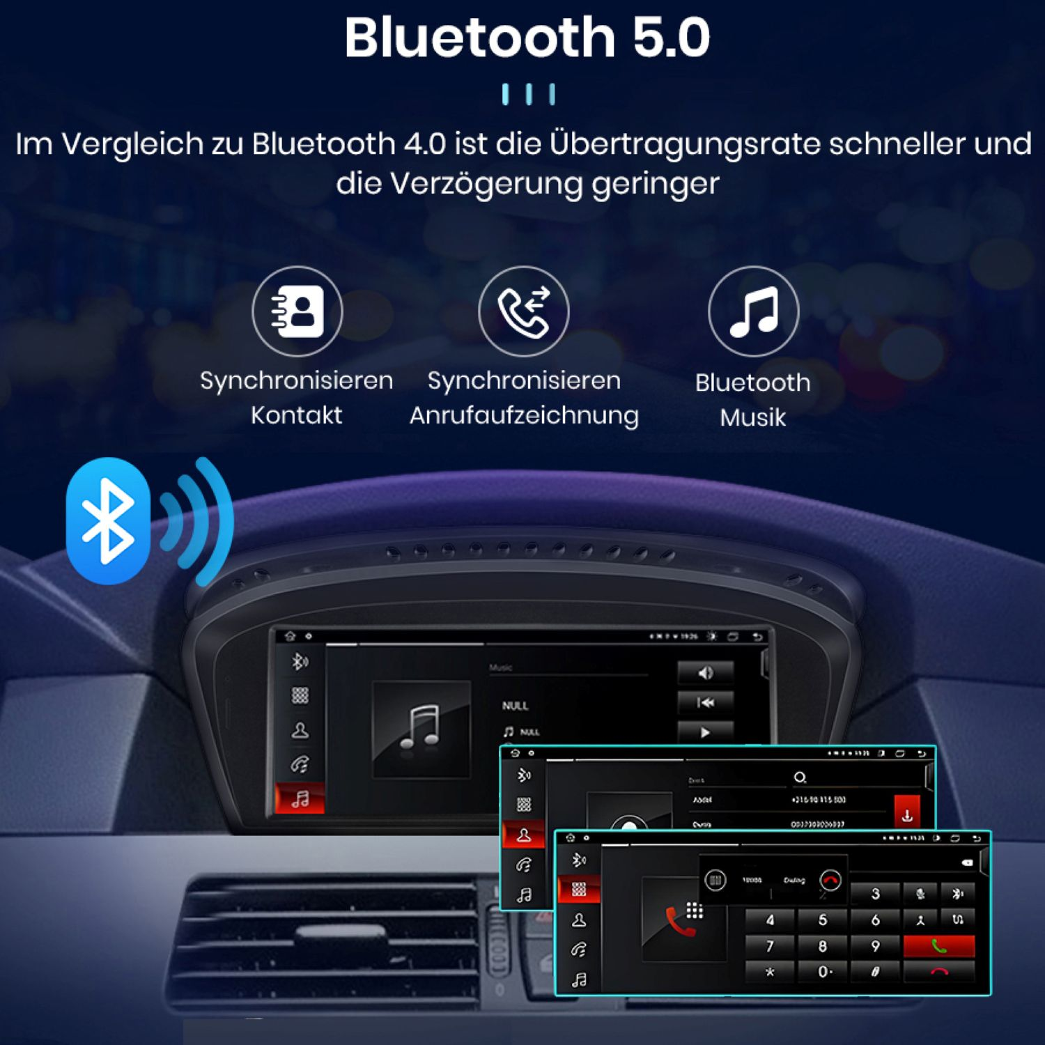Auto-Infotainment-Systembildschirm mit Bluetooth-Funktionen und -Optionen. Es zeigt Musik, Kontakte, Anrufverlauf und eine Tastatur an.