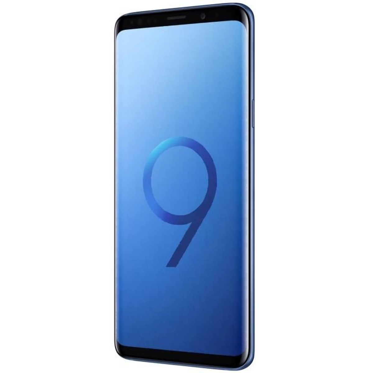 Blauwe smartphone, Samsung Galaxy S9, met het nummer 9 op het scherm. Het heeft een gebogen scherm en een zwarte rand.