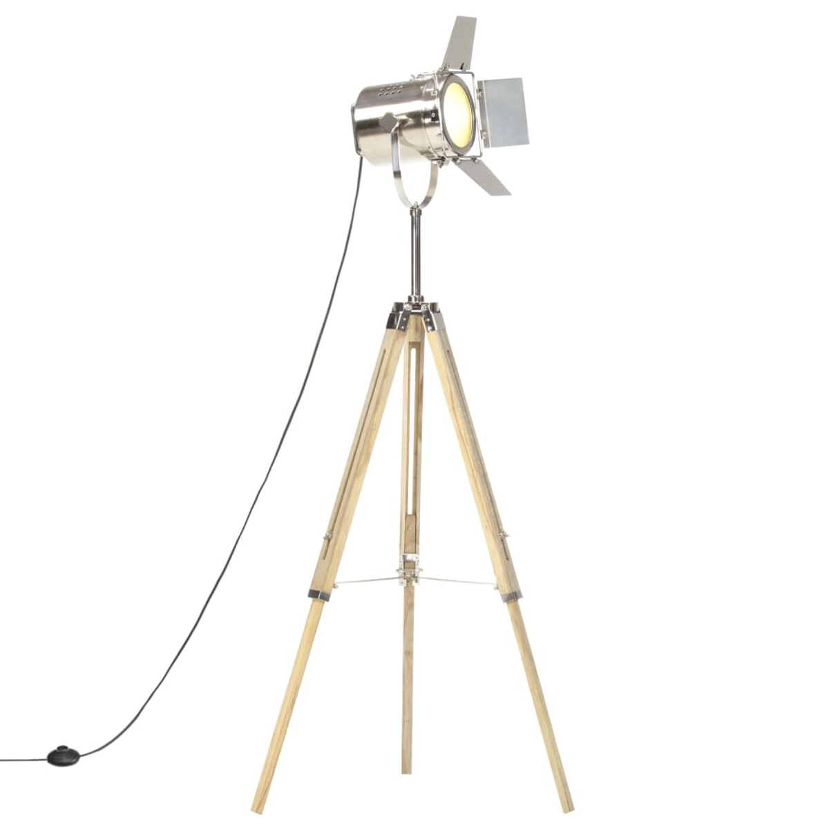 Eine silberne Scheinwerferlampe auf einem Holzstativ. Sie hat ein schwarzes Kabel und einen Dimmschalter. Der Hintergrund ist weiß.