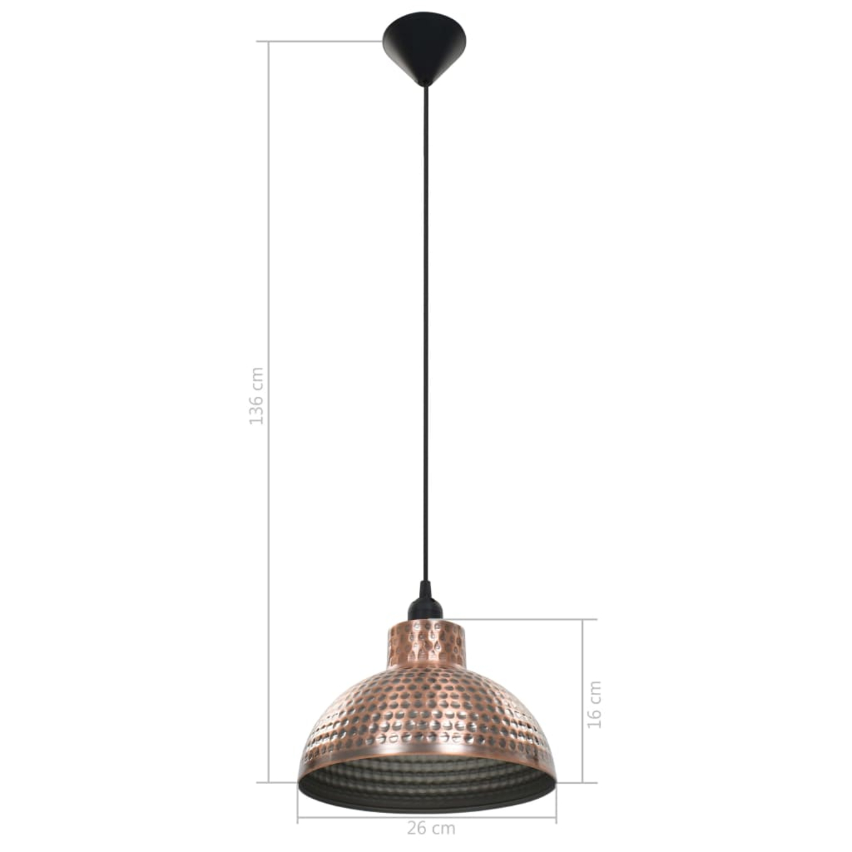 Kupferfarbene Pendelleuchte mit schwarzem Kabel und Deckenhalterung. Abmessungen: 136 cm, 16 cm und 26 cm.