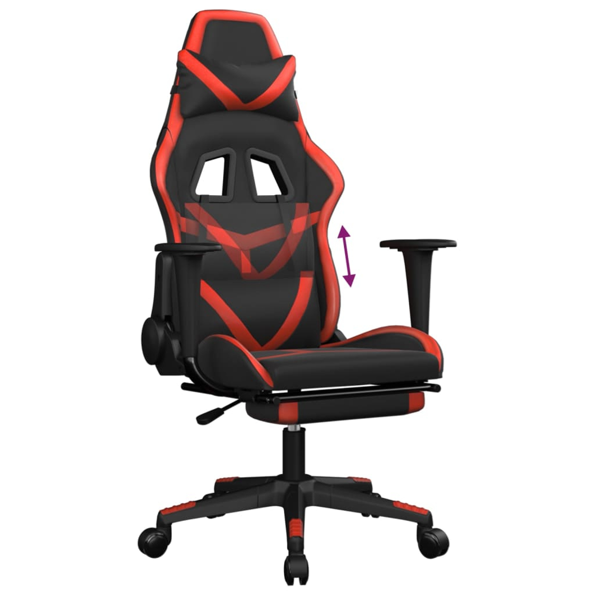 Schwarzer und roter Gaming-Stuhl. Er hat eine hohe Rückenlehne, verstellbare Armlehnen und eine Fußstütze. Der Stuhl steht auf einem schwarzen Fuß mit Rollen.