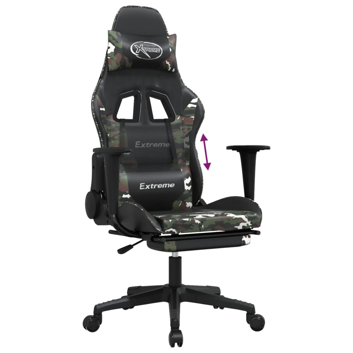 Gaming-Stuhl mit Tarnmuster. Verfügt über ein schwarzes Gestell, Armlehnen und Kopfstütze mit dem Logo "Xtreme".
