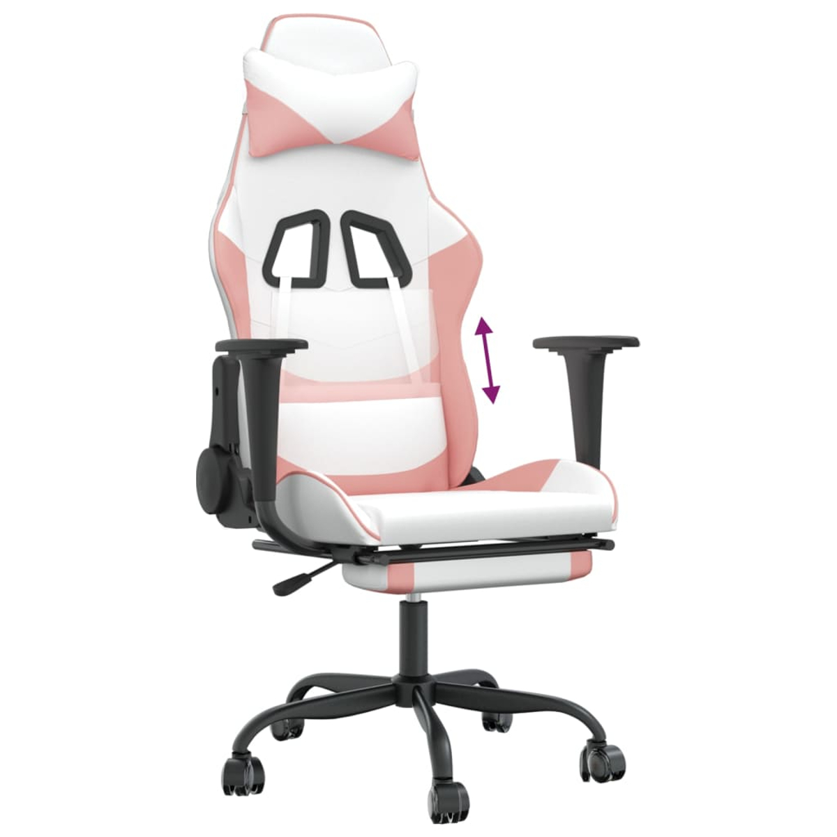 Pink-weißer Gaming-Stuhl. Verfügt über verstellbare Armlehnen und Höhe. Schwarze Basis mit Rädern. Pfeil zeigt Höhenverstellung an.