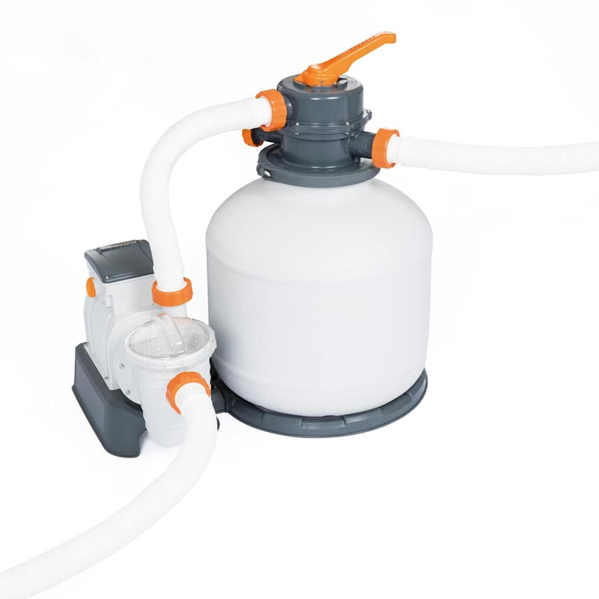 Ein weißes und graues Poolfiltersystem. Es hat einen weißen Tank, einen grauen Sockel und orangefarbene Griffe. Weiße Schläuche verbinden alle Teile.