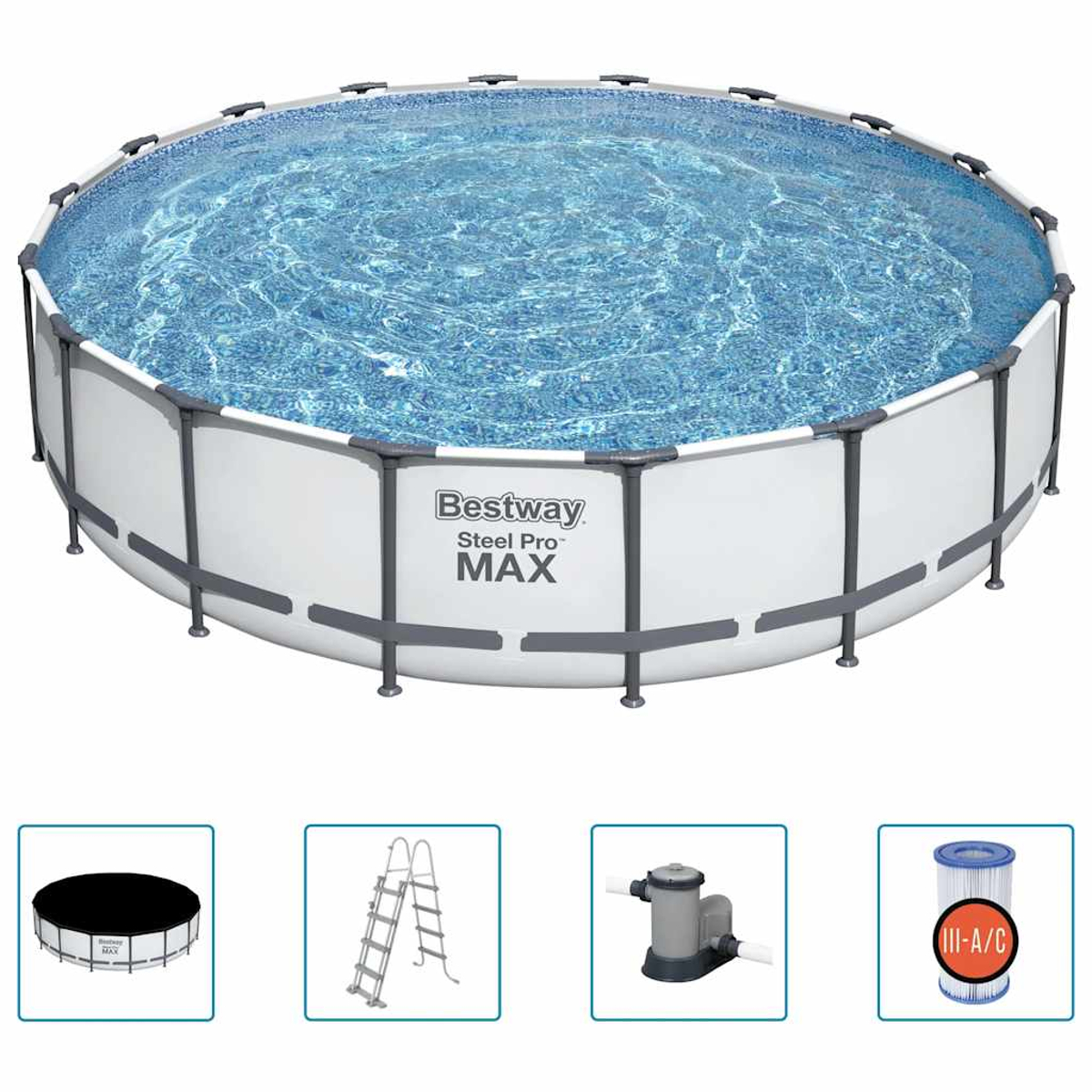 Großer, oberirdischer Pool mit Wasser gefüllt. Inklusive Abdeckung, Leiter, Pumpe und Filter. Die Marke Bestway Steel Pro MAX ist sichtbar.