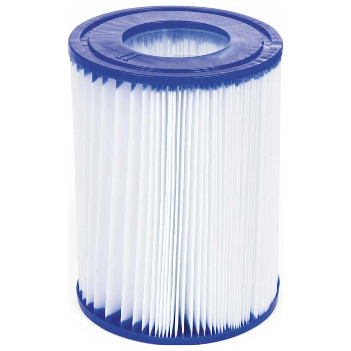 Een cilindrisch zwembadfilter met blauwe boven- en onderkant. Wit geplooid filtermateriaal is zichtbaar tussen de blauwe delen.