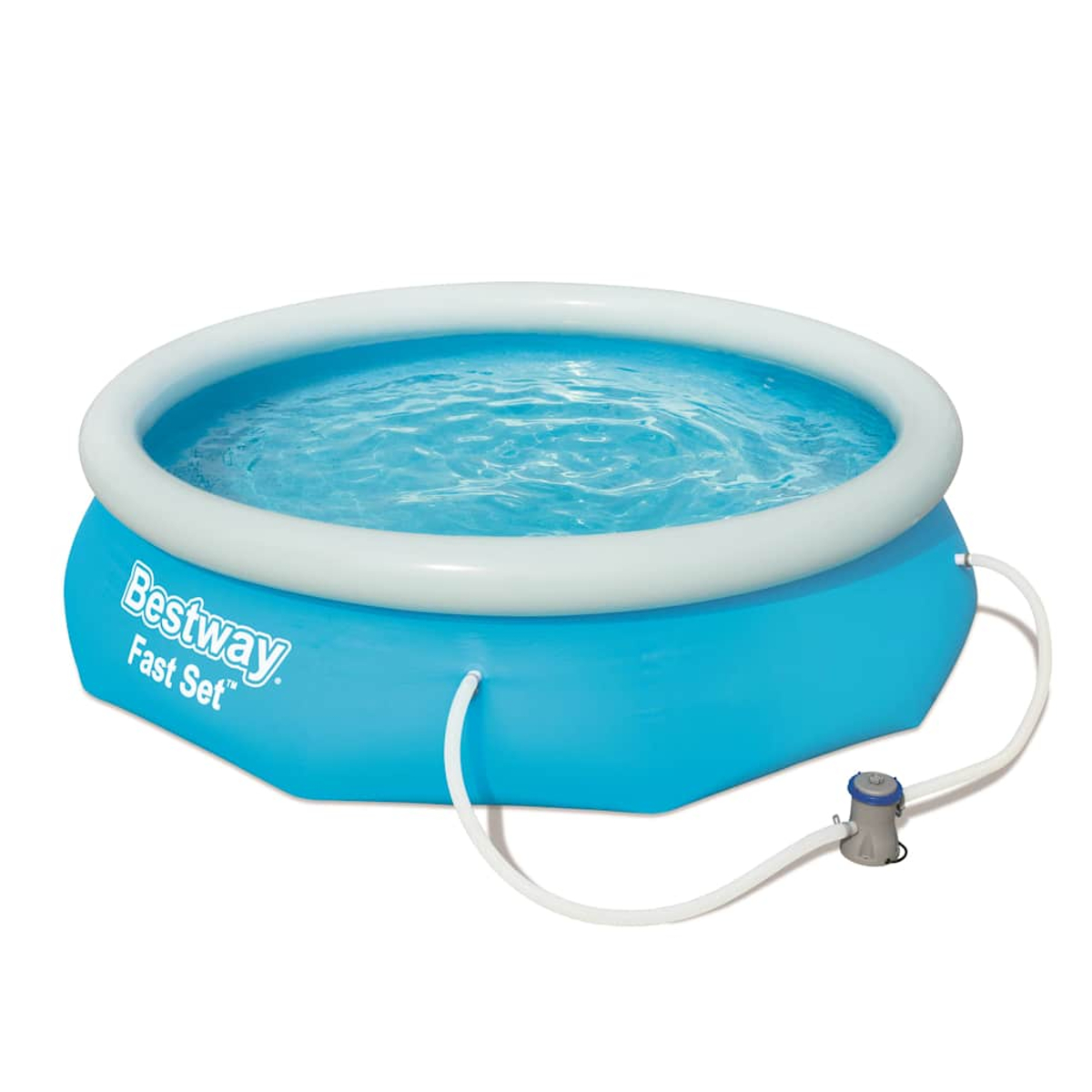 Ein blaues Bestway Fast Set Pool mit Wasser gefüllt. Der Pool hat weiße Verzierungen und eine Pumpe mit weißen Schläuchen.