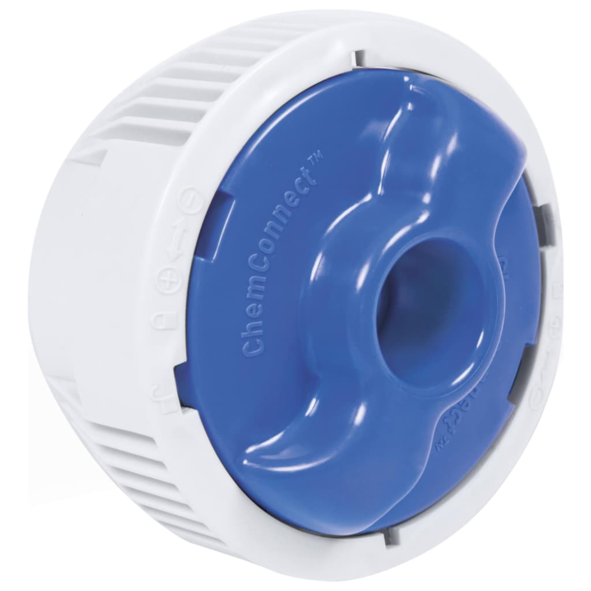 Een blauw en wit ChemConnect-apparaat, cilindrisch van vorm. De bovenkant is blauw met een cirkelvormig gat en de zijkanten zijn wit met ventilatie.