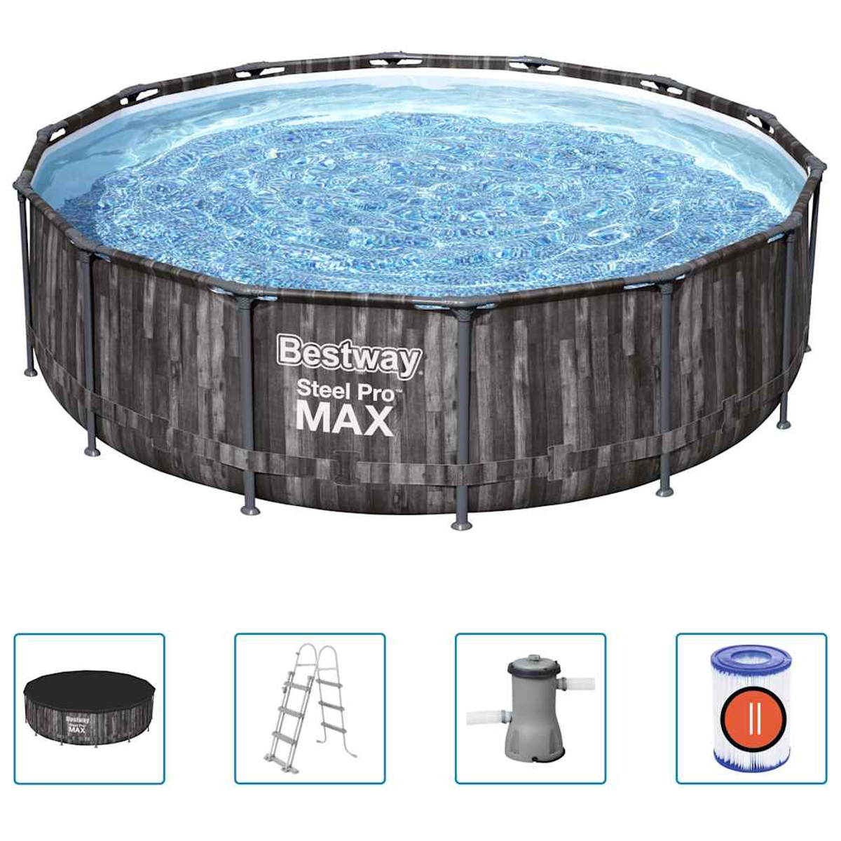 Ein oberirdischer Pool mit Holzoptik, gefüllt mit Wasser. Zubehör umfasst eine Abdeckung, Leiter, Filter und Patrone.