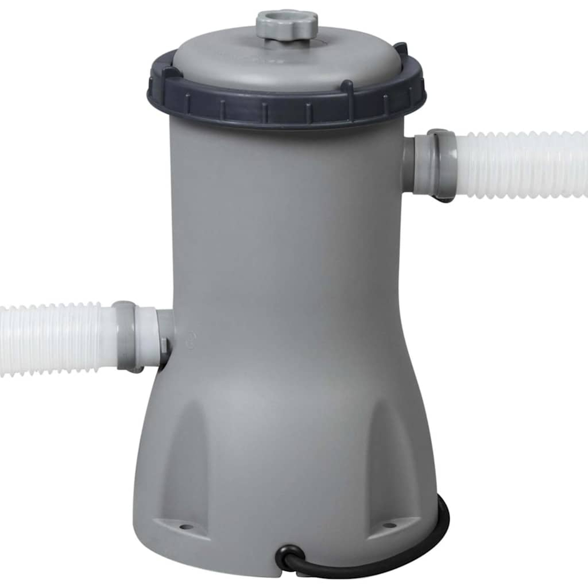 Ein grauer Wasserfilter mit einem dunkelgrauen Deckel, zwei weißen Schläuchen und einem schwarzen Netzkabel.