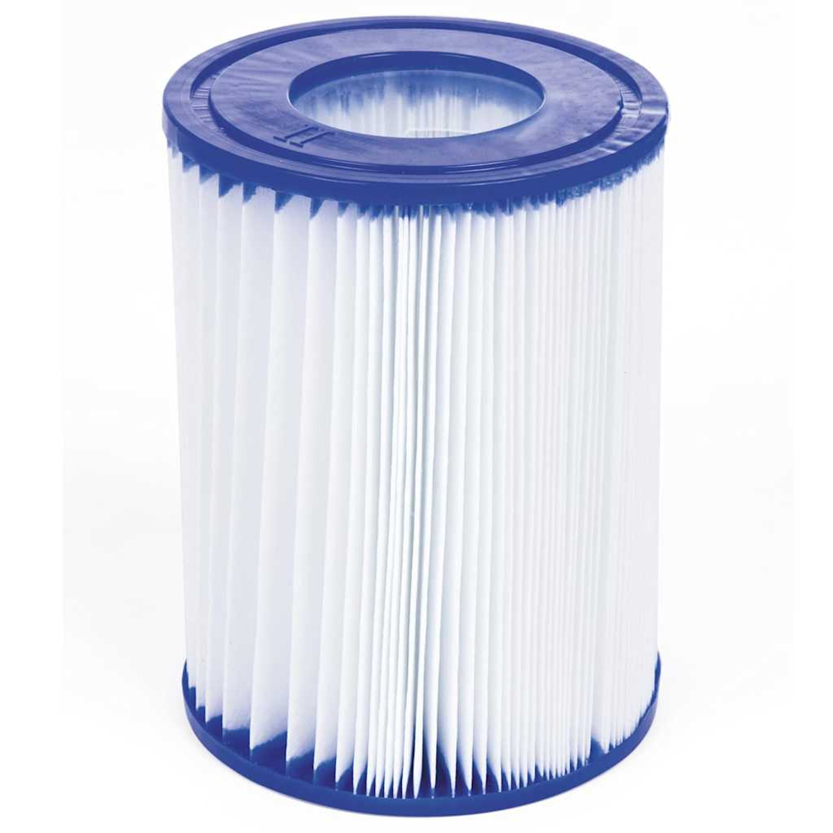 Ein zylindrischer Poolfilter mit blauen oberen und unteren Ringen. Der Filter besteht aus gefaltetem weißem Material.