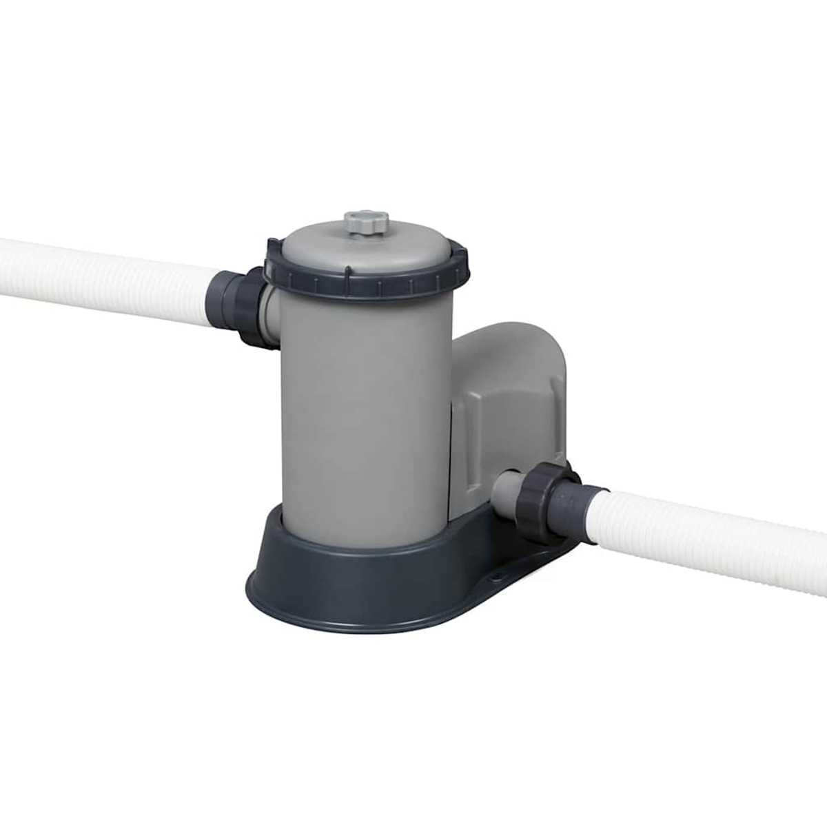 Ein grauer und dunkelgrauer Poolfilter mit zwei weißen Schläuchen, isoliert auf weißem Hintergrund.