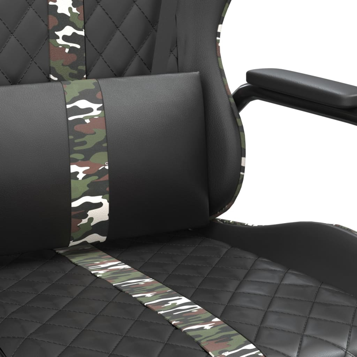 Nahaufnahme eines schwarzen Gaming-Stuhls mit Tarnmuster. Der Stuhl hat eine rautenförmig gesteppte Sitzfläche, Rückenlehne und ein Lendenkissen.