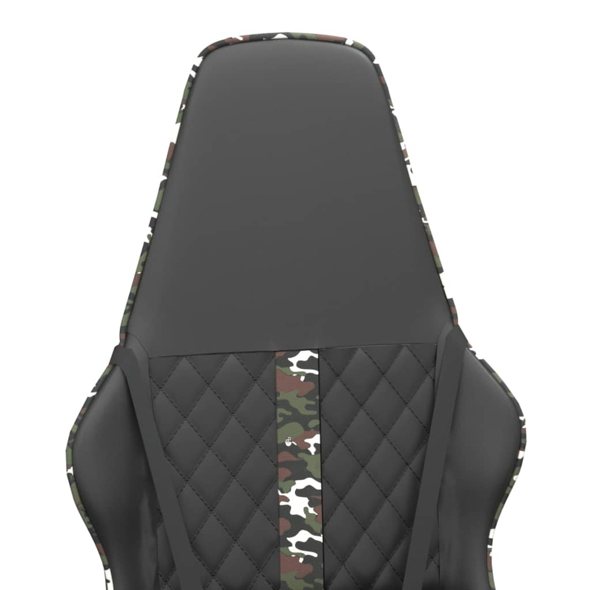 Nahaufnahme der Rückseite eines Gaming-Stuhls. Schwarzes, gepolstertes Leder und Tarnmuster. Gestepptes Design. Weißer Hintergrund.
