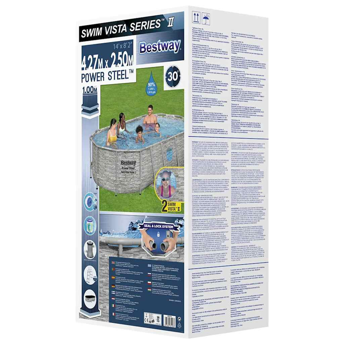 Eine Bestway-Poolbox zeigt ein Schwimmbecken mit Personen. Text enthält Abmessungen, Volumen und "Swim Vista Series II."
