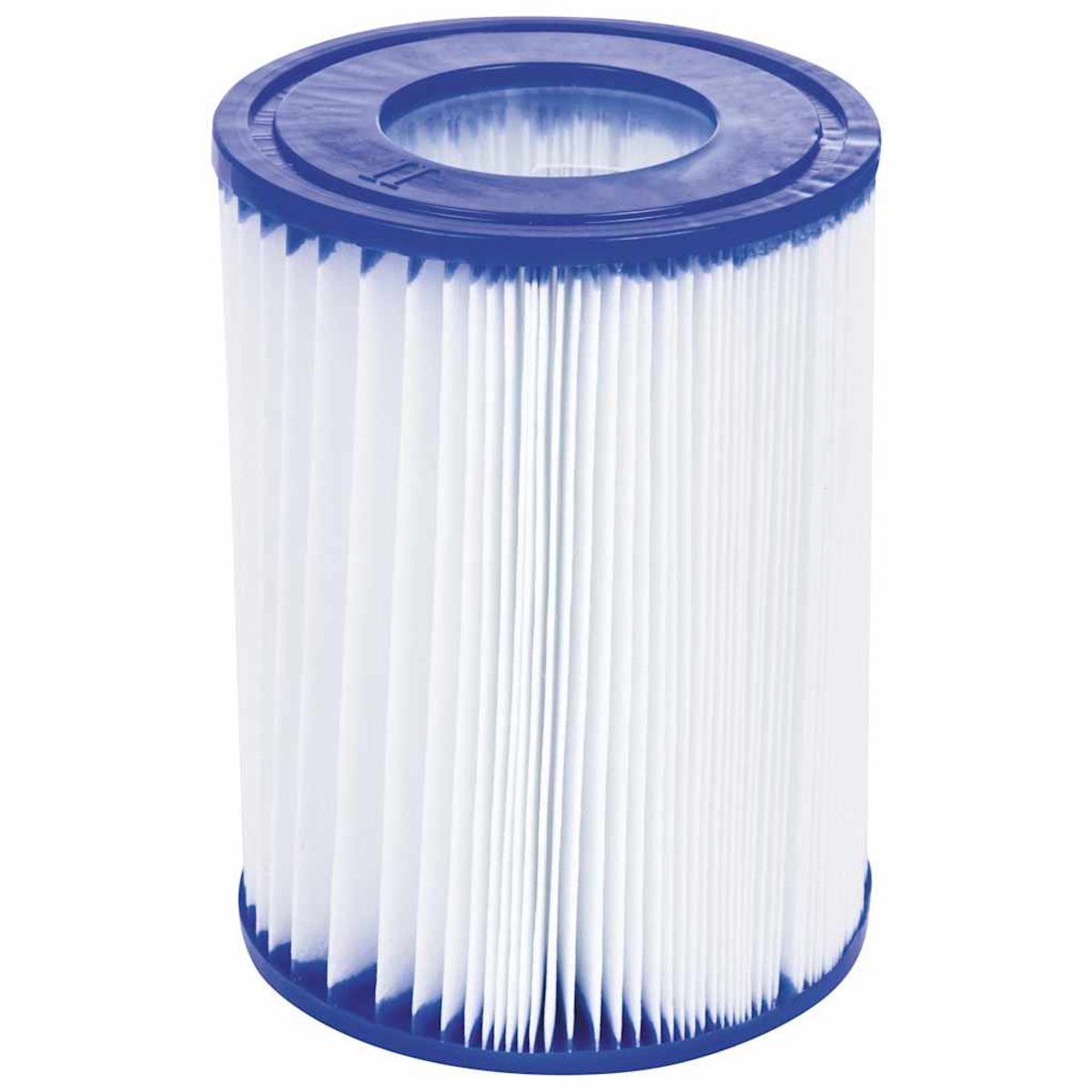 Ein zylindrischer Poolfilter mit blauem Deckel und Boden sowie weißem, plissiertem Filterpapier. Der Filter hat eine zentrale Öffnung.