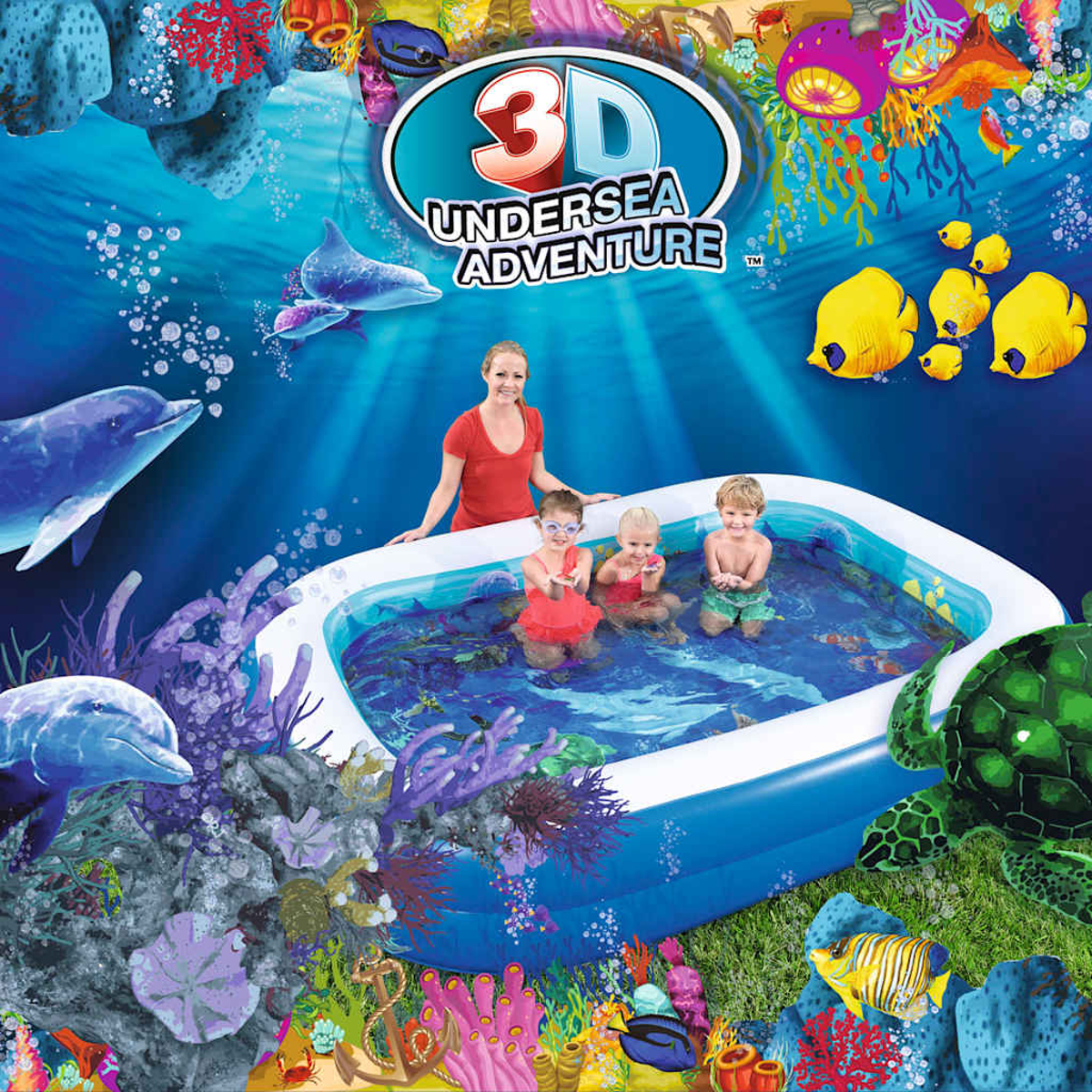 Eine Frau und drei Kinder in einem Pool mit Delfinen und Meereslebewesen. Unterwasser-Abenteuer-Thema.