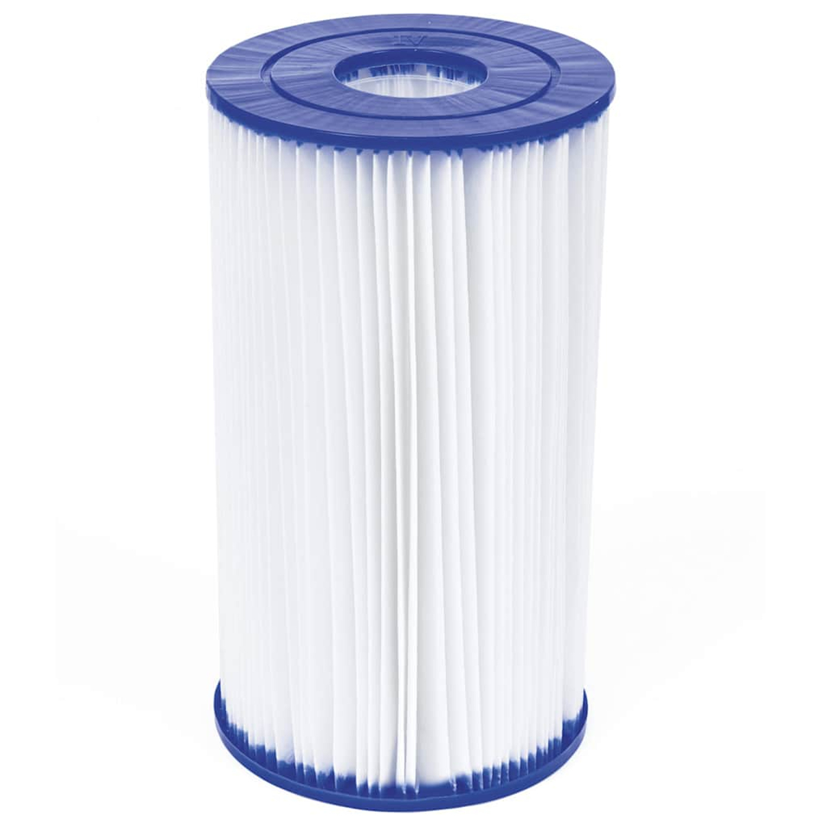 Ein zylindrischer Filter. Er hat weißes, plissiertes Papier im Inneren, mit blauen Kunststoffringen oben und unten. Der obere Ring hat ein zentrales Loch.
