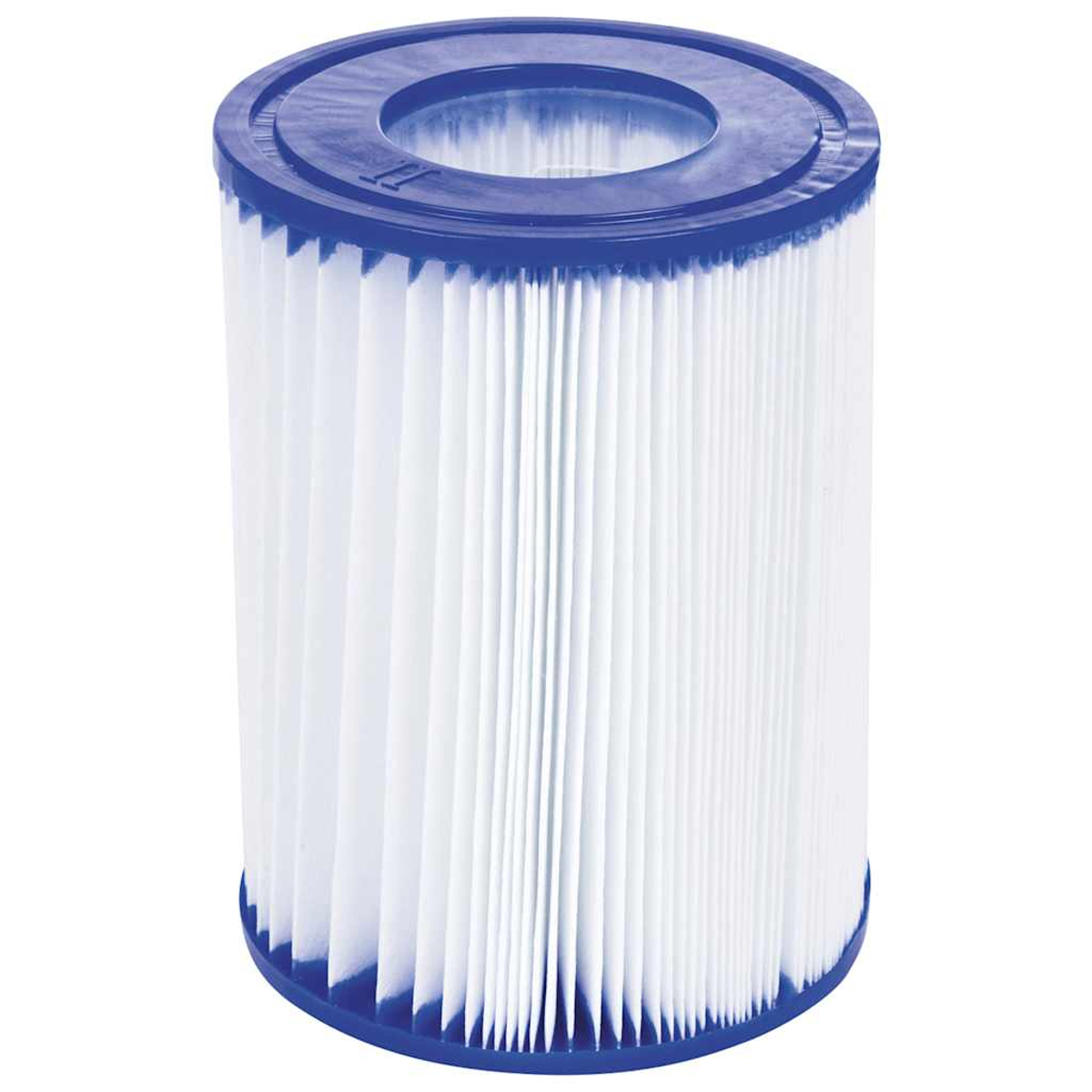 Ein zylindrischer weiß-blauer Poolfilter. Die Ober- und Unterseite sind blau, der Filter hat vertikale weiße Falten.