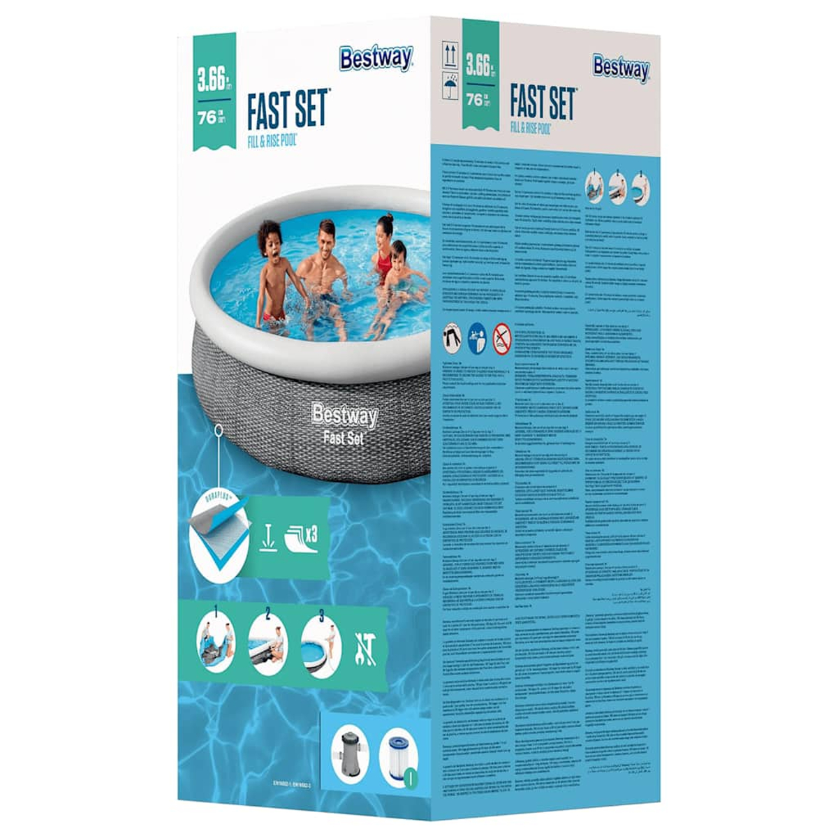 Bestway Fast Set Poolbox. Zeigt einen Pool mit vier Personen sowie Text, Diagramme und Informationen zum Produkt.