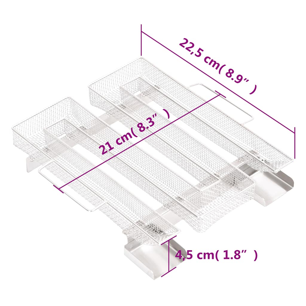 Un set di cestelli a rete metallica rettangolari. Le dimensioni sono indicate con linee etichettate: 22,5 cm, 21 cm e 4,5 cm. Lo sfondo è bianco.
