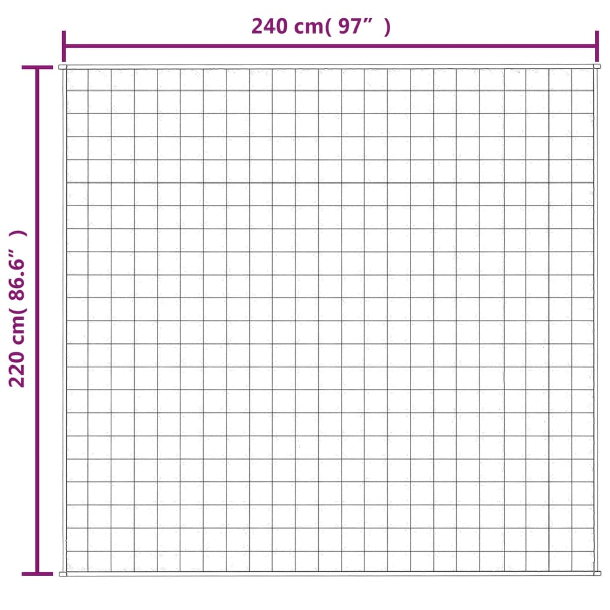 Ein Rastermuster mit beschrifteten Abmessungen. Die horizontale Länge beträgt 240 cm (97"), die vertikale 220 cm (86,6").