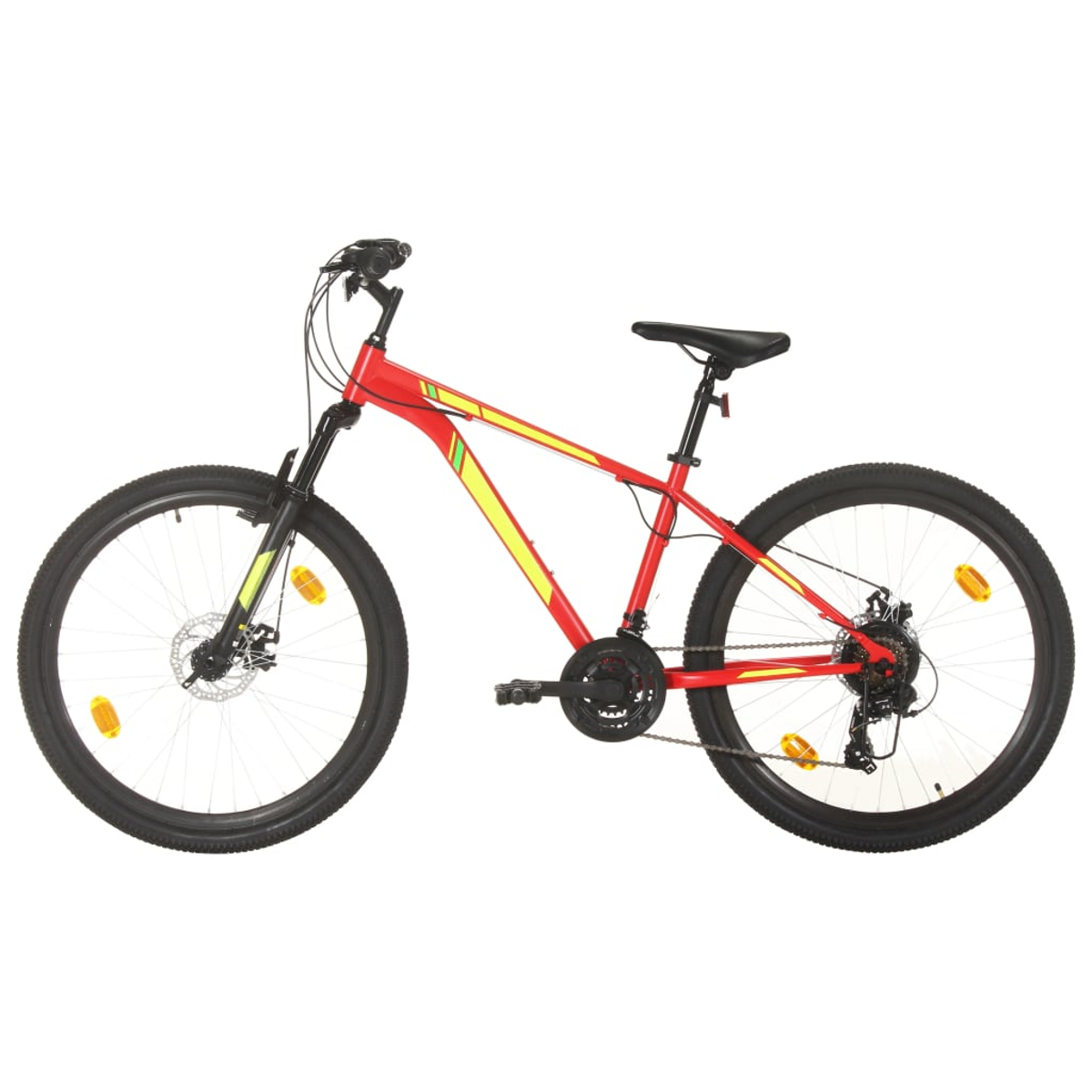 Ein rotes Mountainbike mit gelben Streifen, schwarzen Reifen und einem schwarzen Sattel auf weißem Hintergrund.