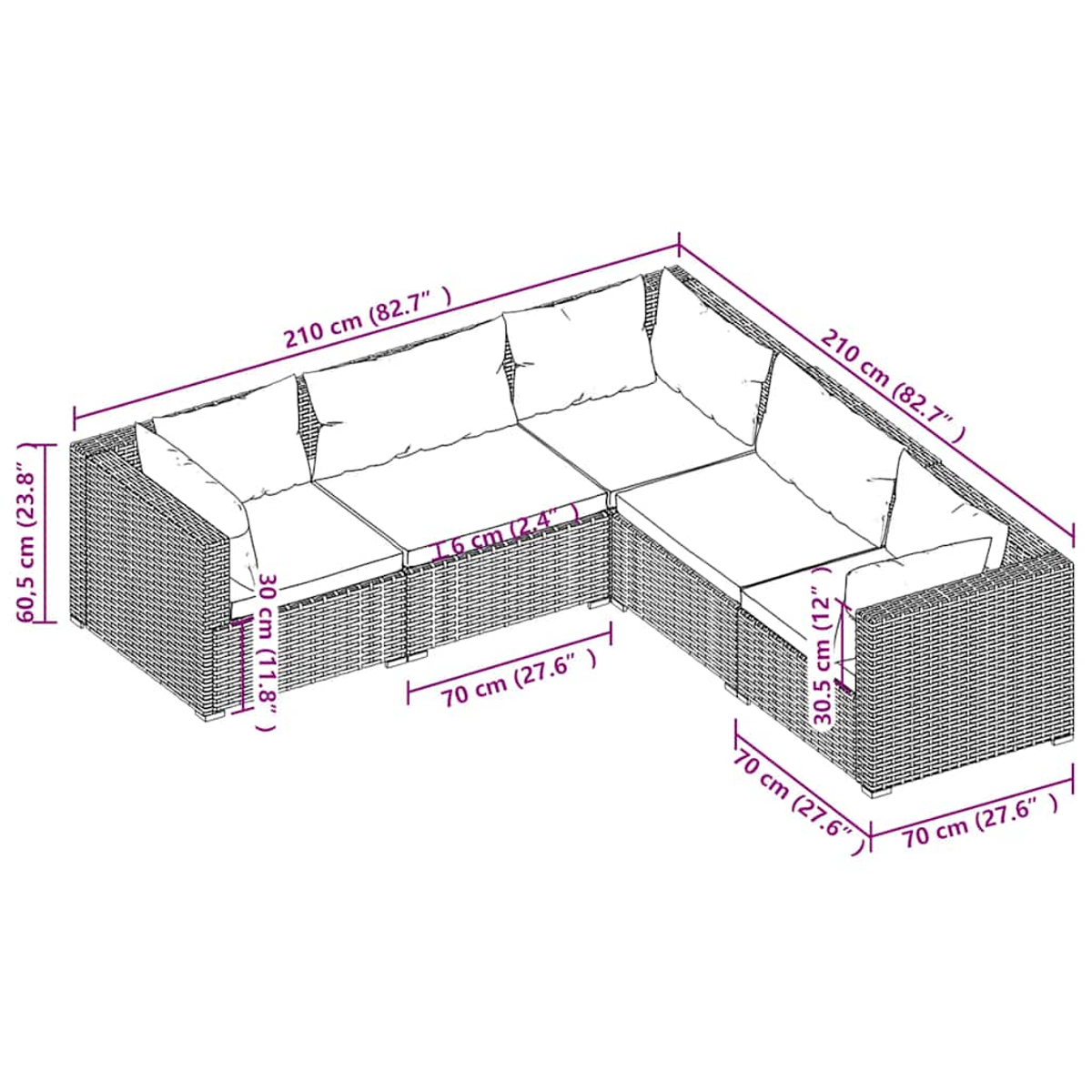Ein L-förmiges Outdoor-Sofa mit Abmessungen. Es hat Kissen und eine gewebte Textur. Maße sind in cm und Zoll angegeben.