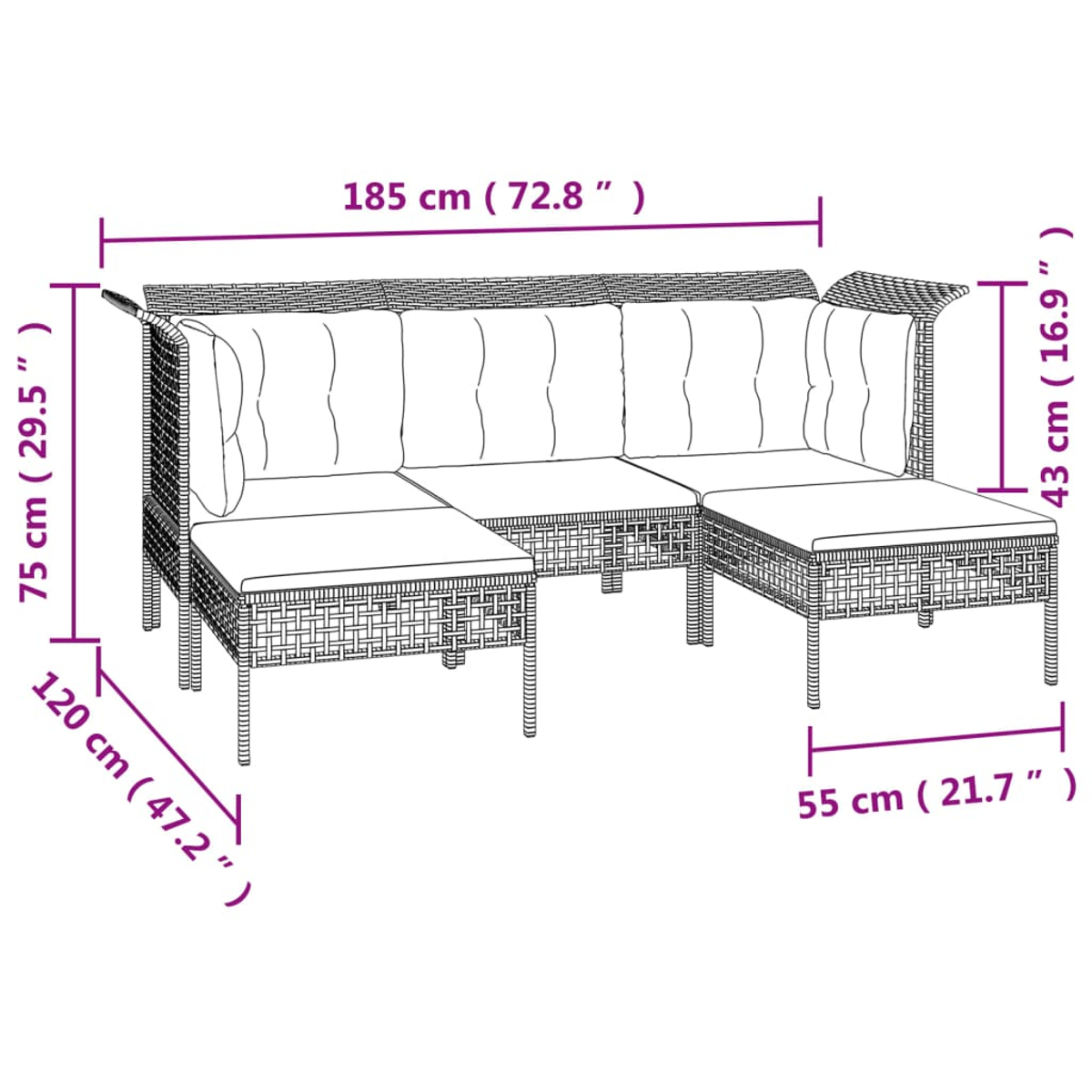 Ein Rattansofa mit Maßangaben. Es hat weiße Kissen und ist 185 cm lang. Die Höhe beträgt 75 cm, der Sitz ist 43 cm hoch.